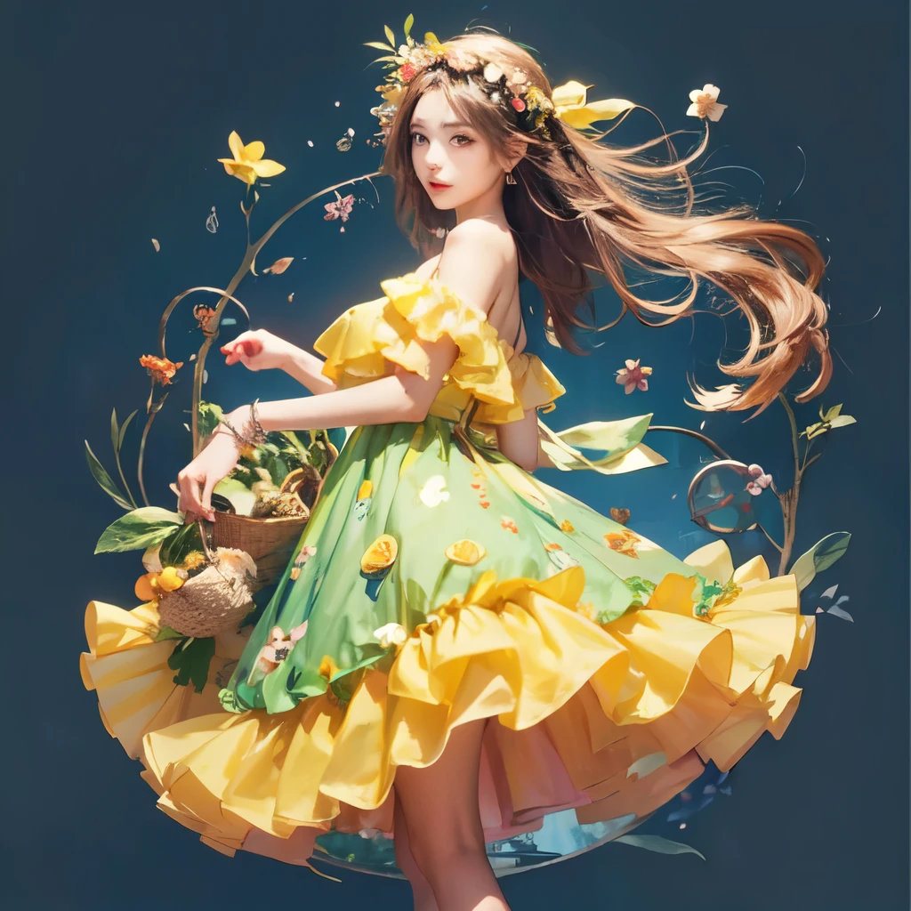 Anime girl in a dress with fruits and leaves on her head, , pixiv contest winner, process art,  in a dress, 美しいアートワークのAn illustration, Made of flowers and fruits, colorful! Character Design, colorfull illustration, An illustration, Wearing a flower dress, beautiful art style, Cute anime wife in a nice dress,beautiful face,perfect face,,