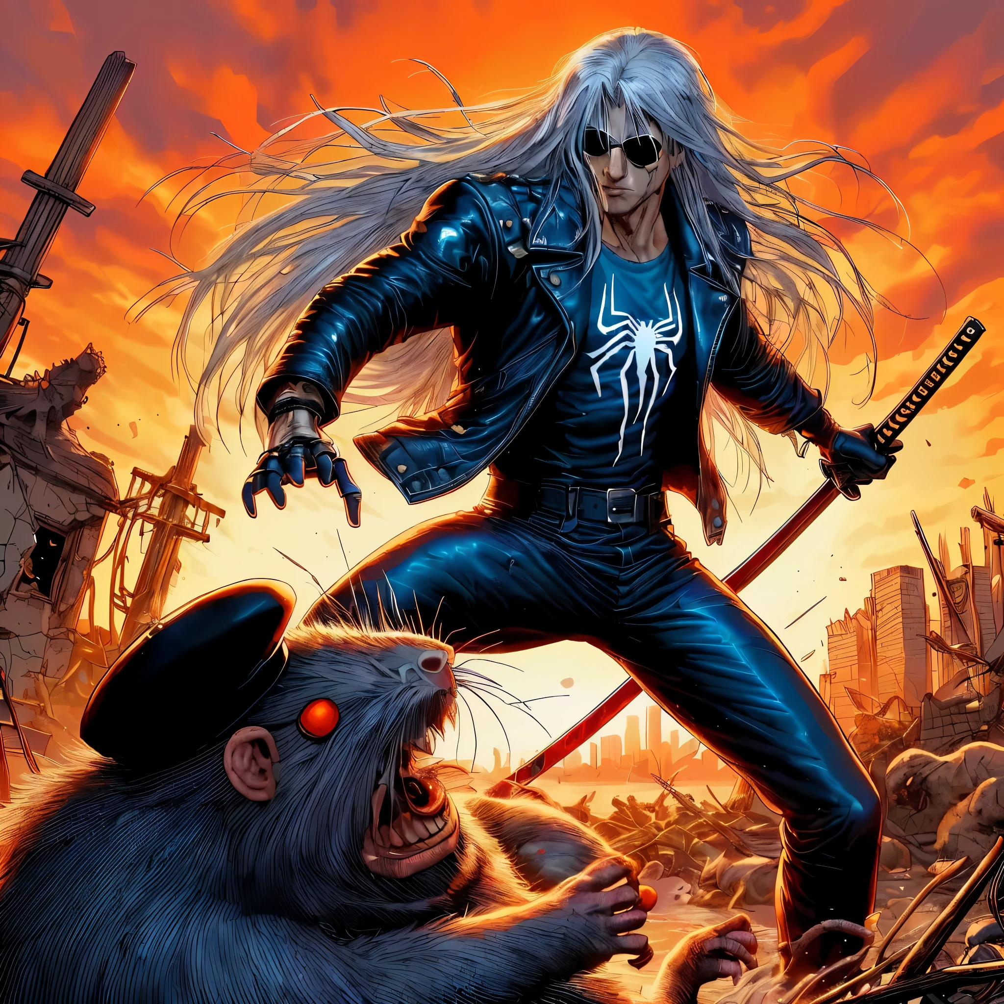 Sephiroth, a man with light skin and long silver hair, wearing a blue Spiderman suit and a white spider on his chest. He wears black sunglasses. He wears a black leather jacket. a red katana in hand. It's cutting a fat berserk guts. on a destroyed and burning background with a sunset and orange lighting