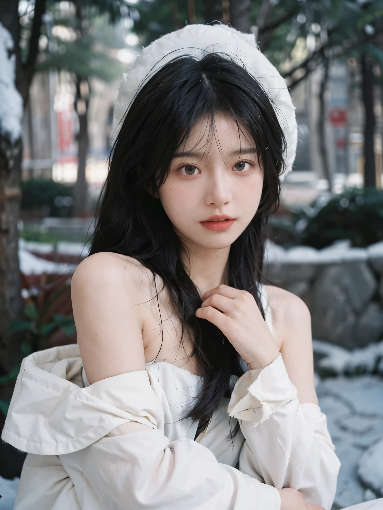 Film portrait photography, 2 girls, bare shoulders, Shoulder length wavy hair, White coat,Snow white sling, (Realistic and detailed eyes, natural skin texture, Realistic facial details),, depth of field, Bokeh, Vibrant details, Detailed and detailed, Surrealism, 35mm film, hazy, ,self-shot,