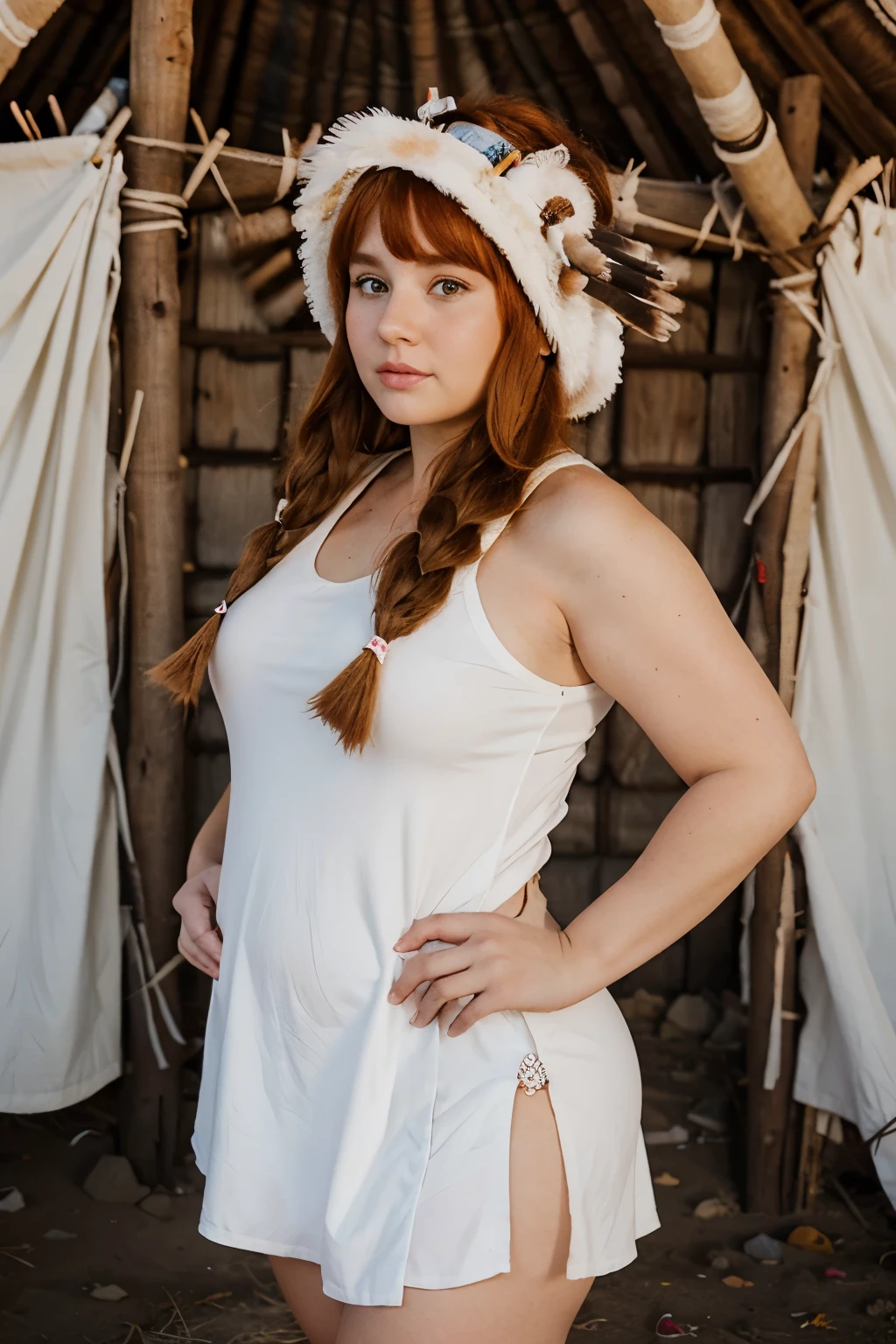 beautiful chubby redhead in pig-tails, in white buckskin short dress, wearing an eagle feathered chiefs headdress against indian teepee village backdrop.