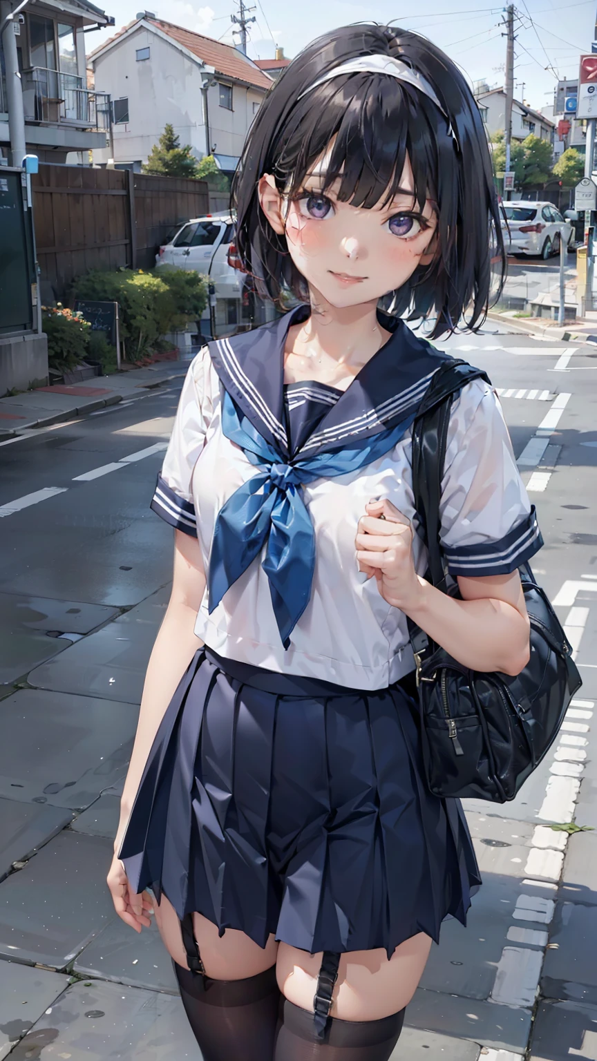 sailor suit, one woman, (a beauty woman, delicate :1.3), black hair, bob cut, Bangs Patsun, 8K, highest quality, masterpiece, Super detailed, ultra high resolution, realistic, RAW photo, absolute resolution, small face compared to body (4:1), very small face (4:1), The face is balanced, black hair, sailor suit, Dark blue skirt, realistic女子高生, ((white headband)), small breasts, tall, slanted eyes, purple eyes, (In front of the school gate), (black stockings), open your mouth, smile, position looking down from above, stand, Back Bag, 