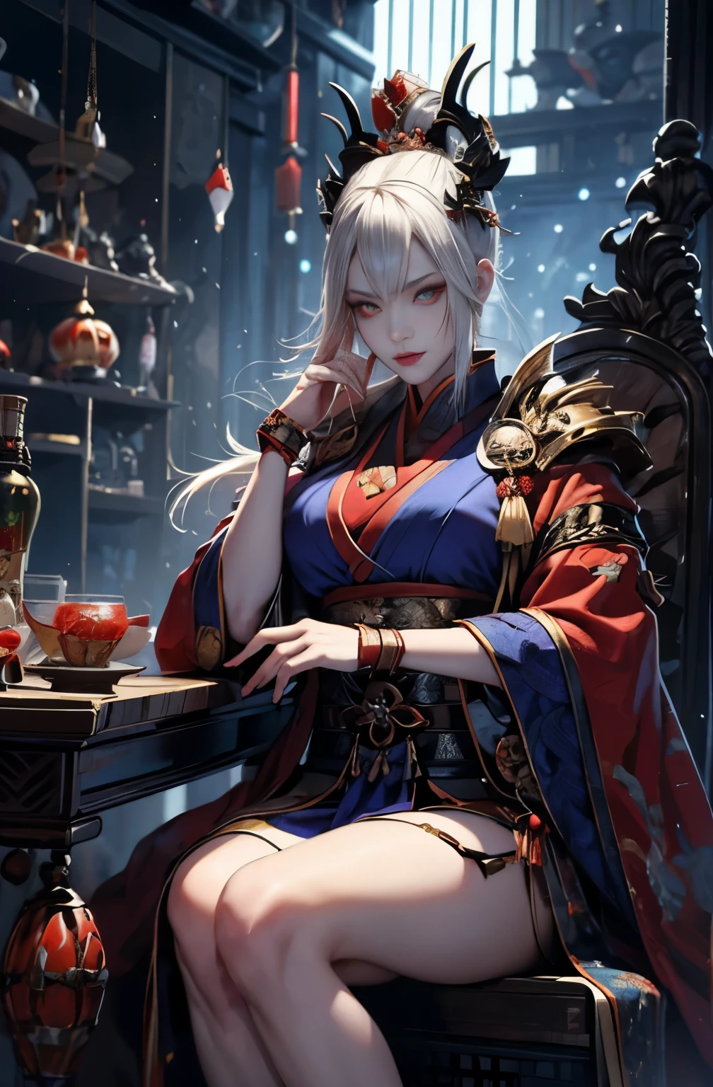 Krenz Key Art Feminine, highly detailed art germ, Ruan Jia and Artgerm, Onmyoji detailed art, beautiful character drawings, Loss Draw Sakimimi-chan, Artjam and Luan Jia, magnificent exquisite character art, lady in red armor, by Jan J., Yakuza woman, Hanabubuki, beautiful female samurai painting, Demon woman with a metal rod, Suronin, Shura Road, A skilled female swordsman, Ghost Girl, The beginning of the red light district, scary demon courtesan, scary demon woman, knife, 妖knife, knife, 長いknife, 赤いknife, knife, knife, knife剣, 抜身のknife, strong female samurai, 2book corner, mouth with fangs, Eyes without pupils, Hyakka Ryōran, Flower of Shura, Lord of Chimi-Mourou, The demon queen who rules over the darkness of Kyoto.,Ruthless ruthlessness, Atrocities, Cold-blooded, cruel, platinum blonde demon, Beautiful red kimono, Female Yakuza, Doji Ibaraki, Shuten Douji, highest quality, perfect angle, perfect composition, The perfect subject, best shot, official art, cinematic light, figurative art, 美しく表現力豊kana絵画, Beautiful artwork illustration,cool beauty, sharp outline, kana