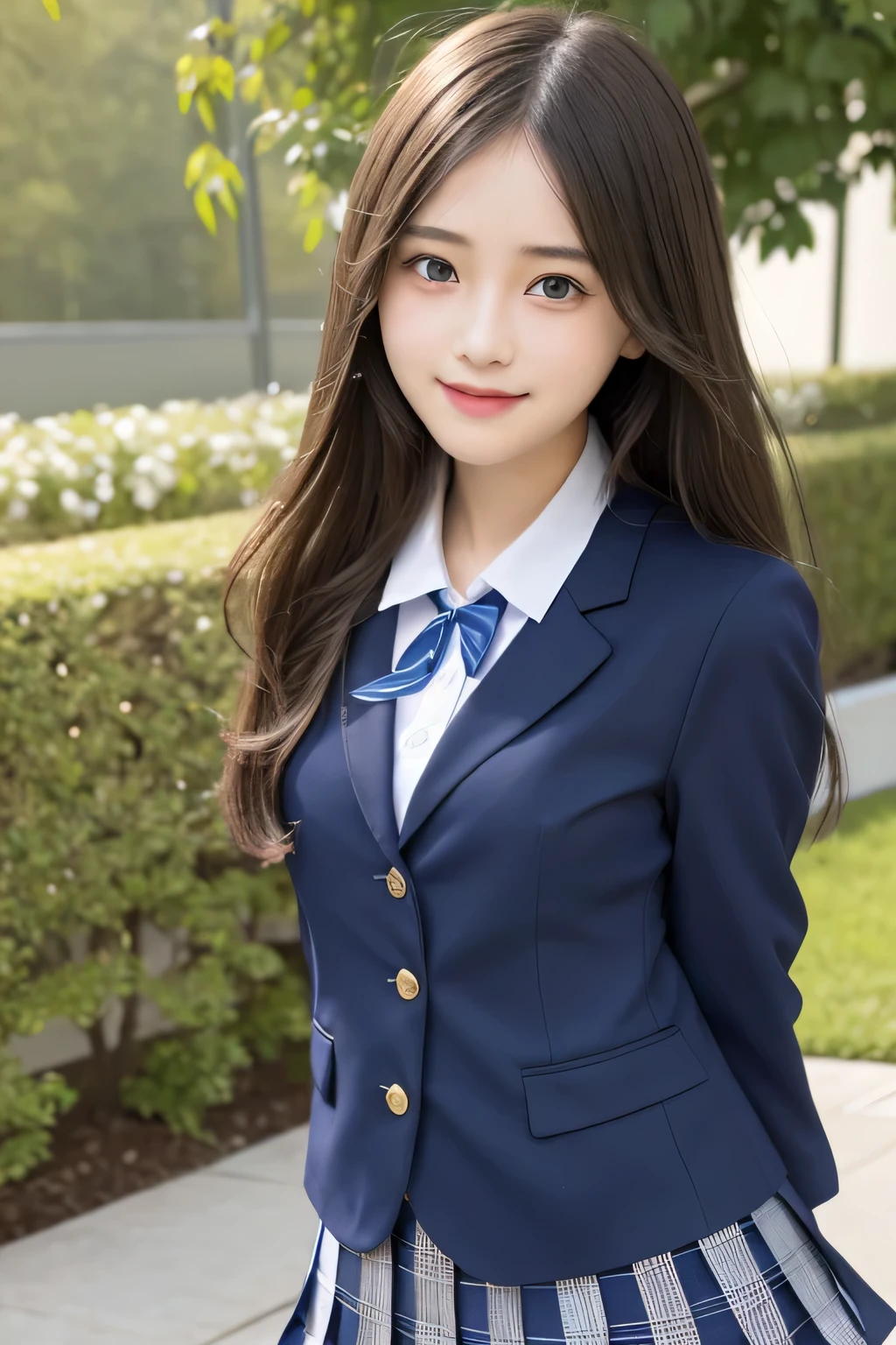 pieces fly、masterpiece、highest quality、Super detailed、High resolution、High resolution、8K portrait、unity 8k wallpaper、Detailed CG、unity 8k wallpaper、Detailed CGユニティ8kの壁紙、realistic、real person、portrait photography、shiny skin、(26 years old)、High resolution、beautiful clear eyes、very detailed explanation、delicate face、nice lips、thin waist、thin legs、1 girl、(school uniform:1.4)、(pleated skirt:1.2)、(dark blue blazer:1.2)、(small breasts:1.2)、(smile:1.2)、(garden:1.2)、(take a pose:1.2)