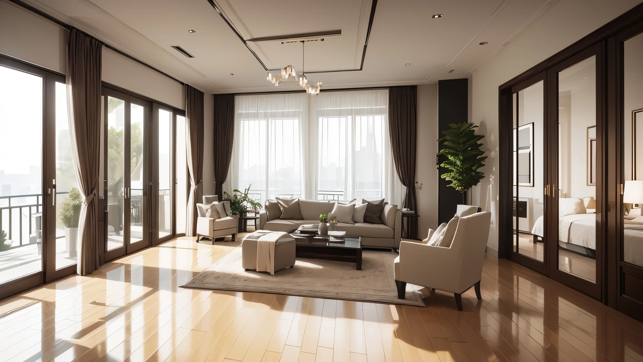 You are a famous interior designer、You have been asked to create a 3D image of a modern large room. Create a harmonious environment with modern and minimalist furniture. Including garden interior.