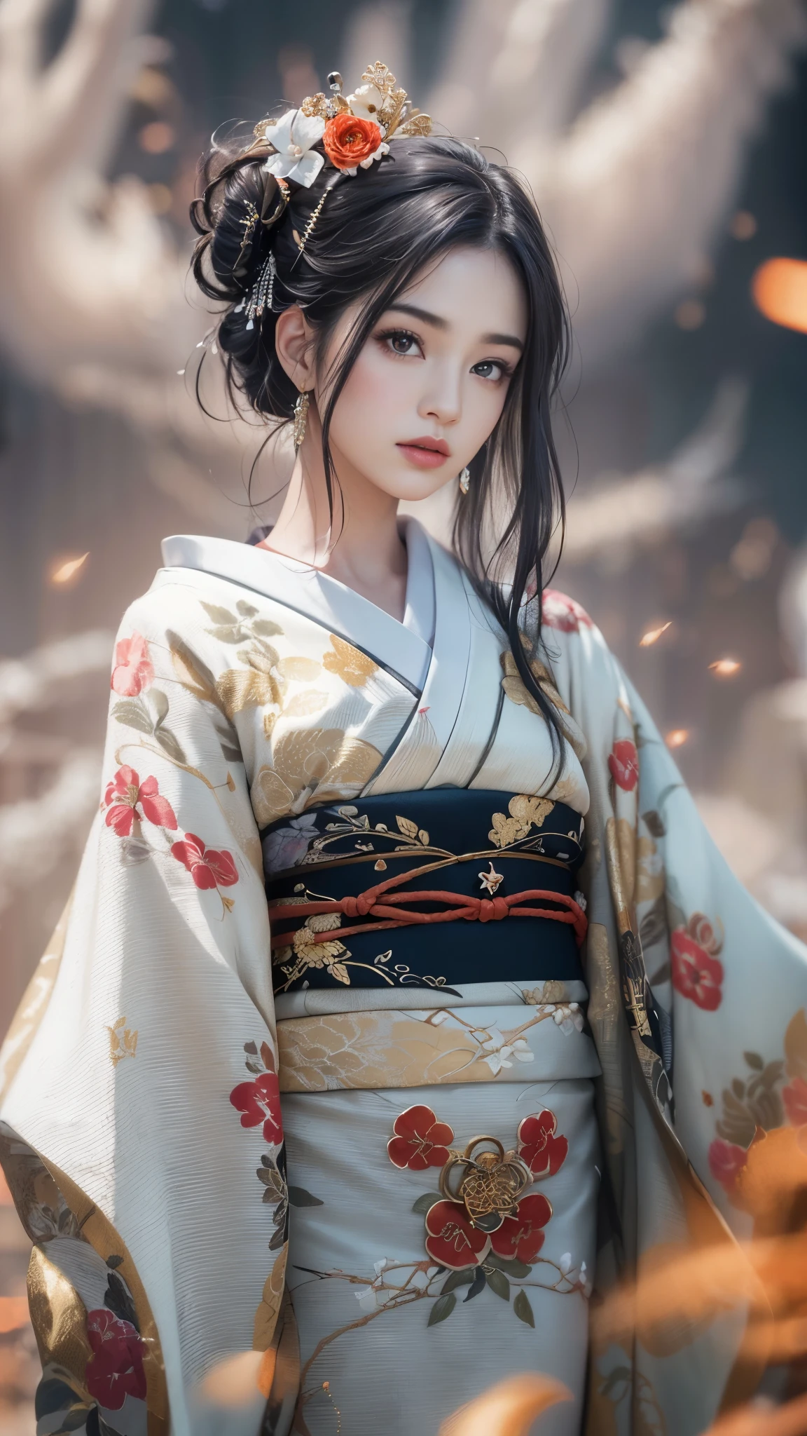 Super high quality, masterpiece, perfect illustration, extreme detail (exquisite light and shadow, highly dramatic picture,) Stroke, 1 girl, solo, (wearing red, black, white kimono,) flower field, flowers, (white smoke:1.3), (Realistic:1.4), Zen entanglement, tangled, epic scene, official art, Unity 8k wallpaper, super detailed, beautiful and beautiful, masterpiece, best quality, (dynamic angle: 1.5), glowing skin, (floating colorful flashes: 1) the most beautiful chaotic forms, elegant, brutalist design, Bright colors, romantic depth of field exotic_dance, half_naked, Background with ((japan ancient city:1.4)And the moon、(dense background:1.5))、BREAK {{{Luxury kimono(Colorful kimono(Detailed golden embroidery,))}}}、face perfect,Depict a beautiful and graceful woman of Japan,poneyTail、Woman with shiny black hair, perfect hand,Heart in the eye。odd eye,full body Esbian,Blur the background with a sickle,((masutepiece)), ((Best Quality))Wallpapers 16K, .Blur the background with a sickle,BREAK,((masutepiece)), ((Best Quality)),epicd(Lige Fries Photography、sony a7、50 millimeters、pores:1.5、Farbe、ultra-detailliert:1.5、film grains:1.4、hyper realisitic:1.5)、octan render、 ultra realistic lifelike textures、masterpiece、unrealengine5、the Extremely Detailed CG Unity 8K Wallpapers、Madly detailed photo、Ultra-realistic light、(Pulitzer Prize for Best Photography、Taylor Wessing Award for Best Photography) Potrait girl with bokeh background, long dresss, women with long dress focus on girl, natural skin oil masterpiece, ((face realistic: 1.4)), zeus 23mm f2, beautiful oil face skin, little oil face reflection, realistic skin, realistic hair, realistic fantasy hair masterpiece, realistic face masterpiece, realistic all object, blur depht of field, fireflies, octane render