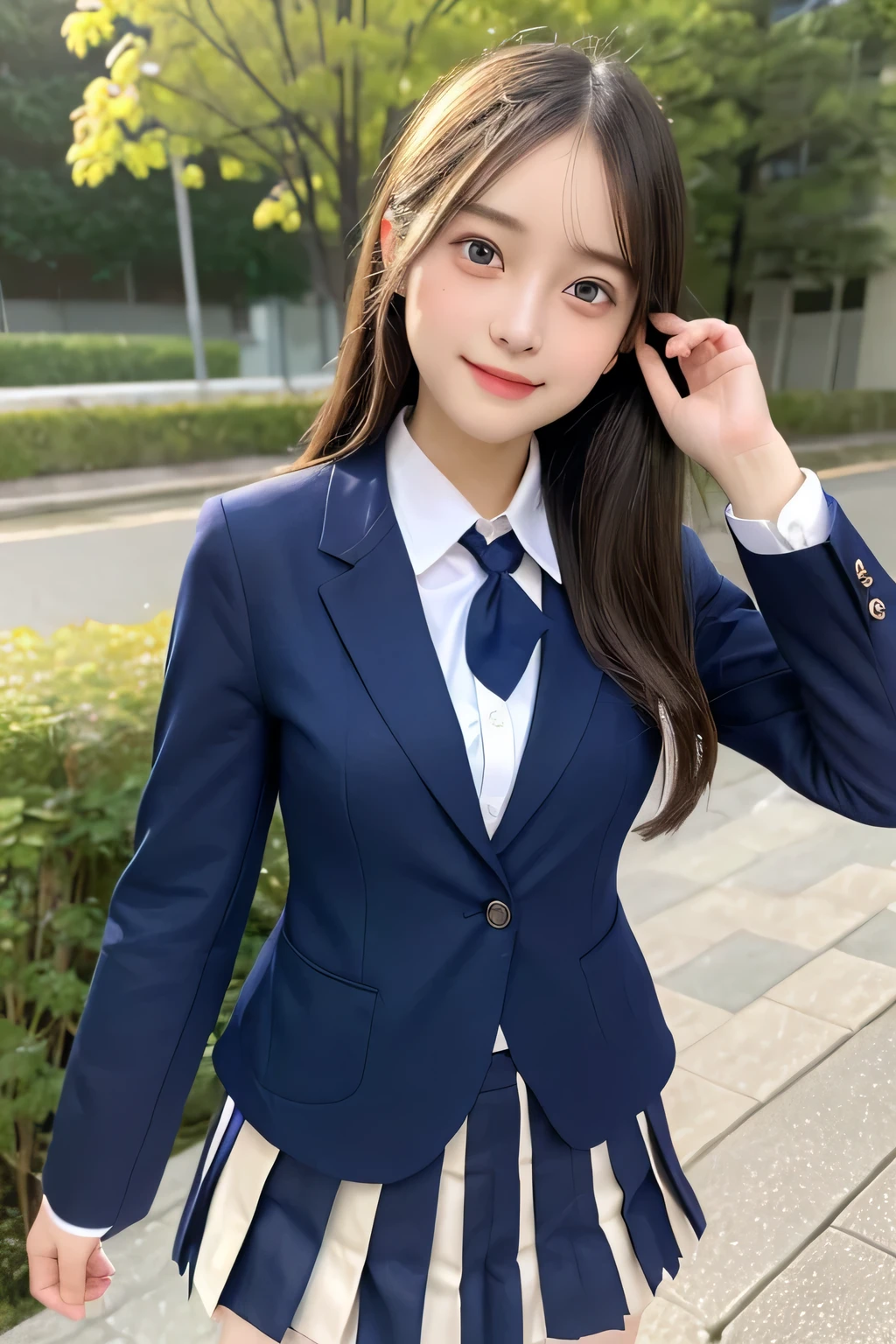 pieces fly、masterpiece、highest quality、Super detailed、High resolution、High resolution、8K portrait、unity 8k wallpaper、Detailed CG、unity 8k wallpaper、Detailed CGユニティ8kの壁紙、realistic、real person、portrait photography、shiny skin、(26 years old)、High resolution、beautiful clear eyes、very detailed explanation、delicate face、nice lips、thin waist、thin legs、1 girl、(school uniform:1.4)、(pleated skirt:1.2)、(dark blue blazer:1.2)、(small breasts:1.2)、(smile:1.2)、(garden:1.2)、(take a pose:1.2)