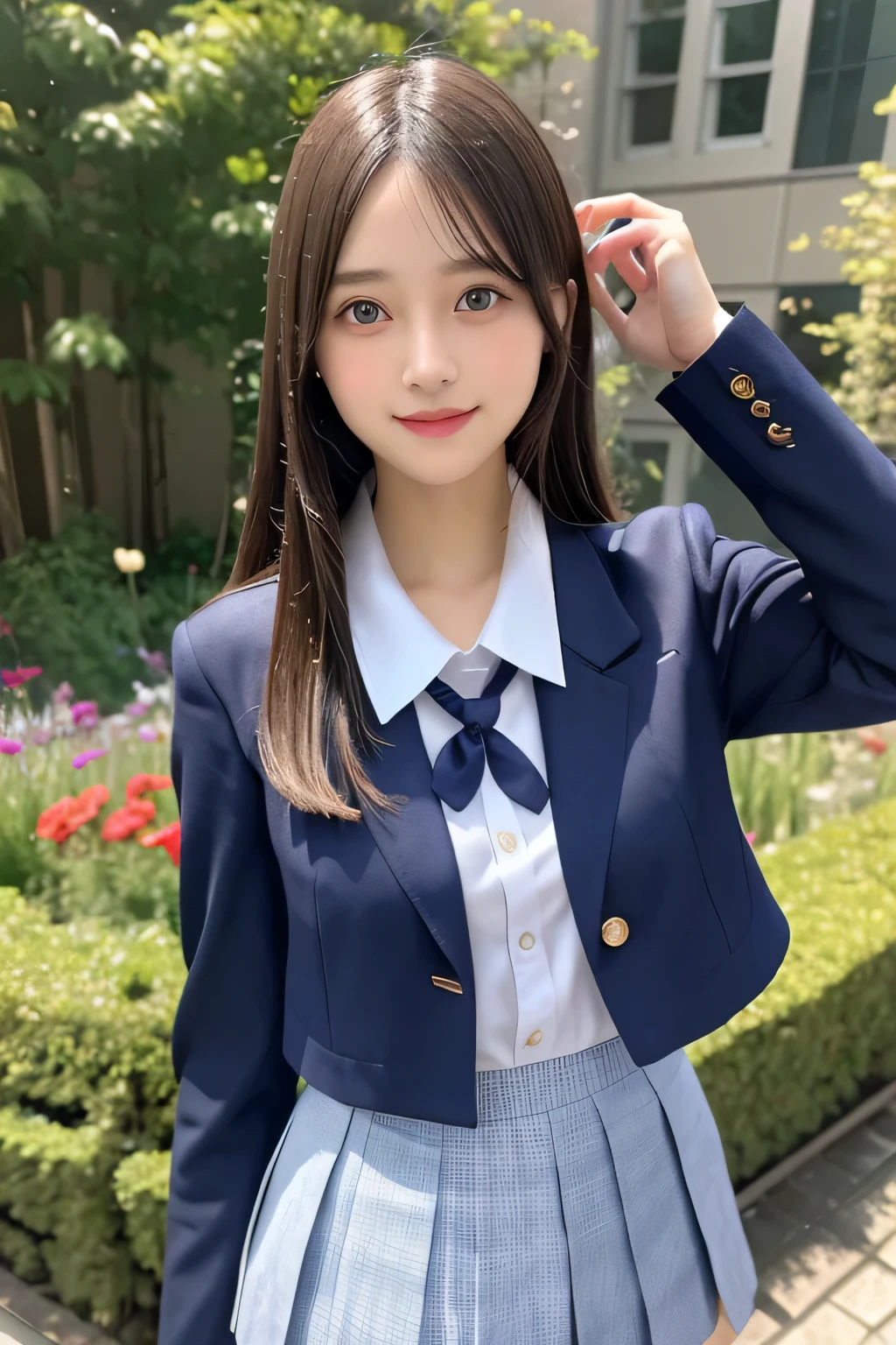 pieces fly、masterpiece、highest quality、Super detailed、High resolution、High resolution、8K portrait、unity 8k wallpaper、Detailed CG、unity 8k wallpaper、Detailed CGユニティ8kの壁紙、realistic、real person、portrait photography、shiny skin、(26 years old)、High resolution、beautiful clear eyes、very detailed explanation、delicate face、nice lips、thin waist、thin legs、1 girl、(school uniform:1.4)、(pleated skirt:1.2)、(dark blue blazer:1.2)、(small breasts:1.2)、(smile:1.2)、(garden:1.2)、(take a pose:1.2)