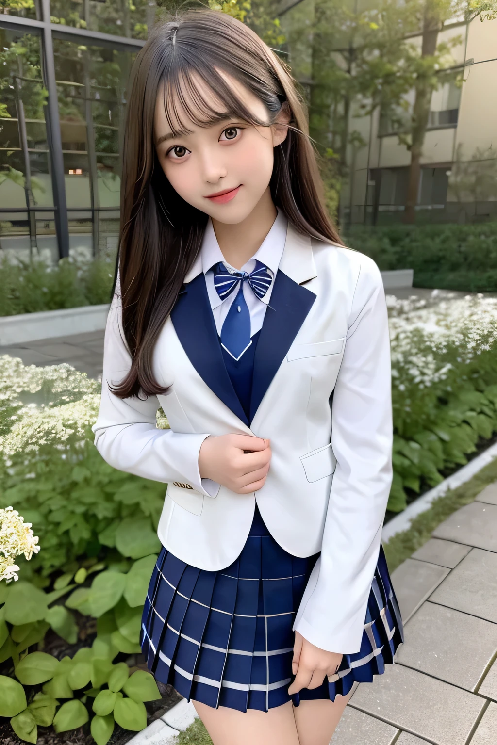 pieces fly、masterpiece、highest quality、Super detailed、High resolution、High resolution、8K portrait、unity 8k wallpaper、Detailed CG、unity 8k wallpaper、Detailed CGユニティ8kの壁紙、realistic、real person、portrait photography、shiny skin、(26 years old)、High resolution、beautiful clear eyes、very detailed explanation、delicate face、nice lips、thin waist、thin legs、1 girl、(school uniform:1.4)、(pleated skirt:1.2)、(dark blue blazer:1.2)、(small breasts:1.2)、(smile:1.2)、(garden:1.2)、(take a pose:1.2)