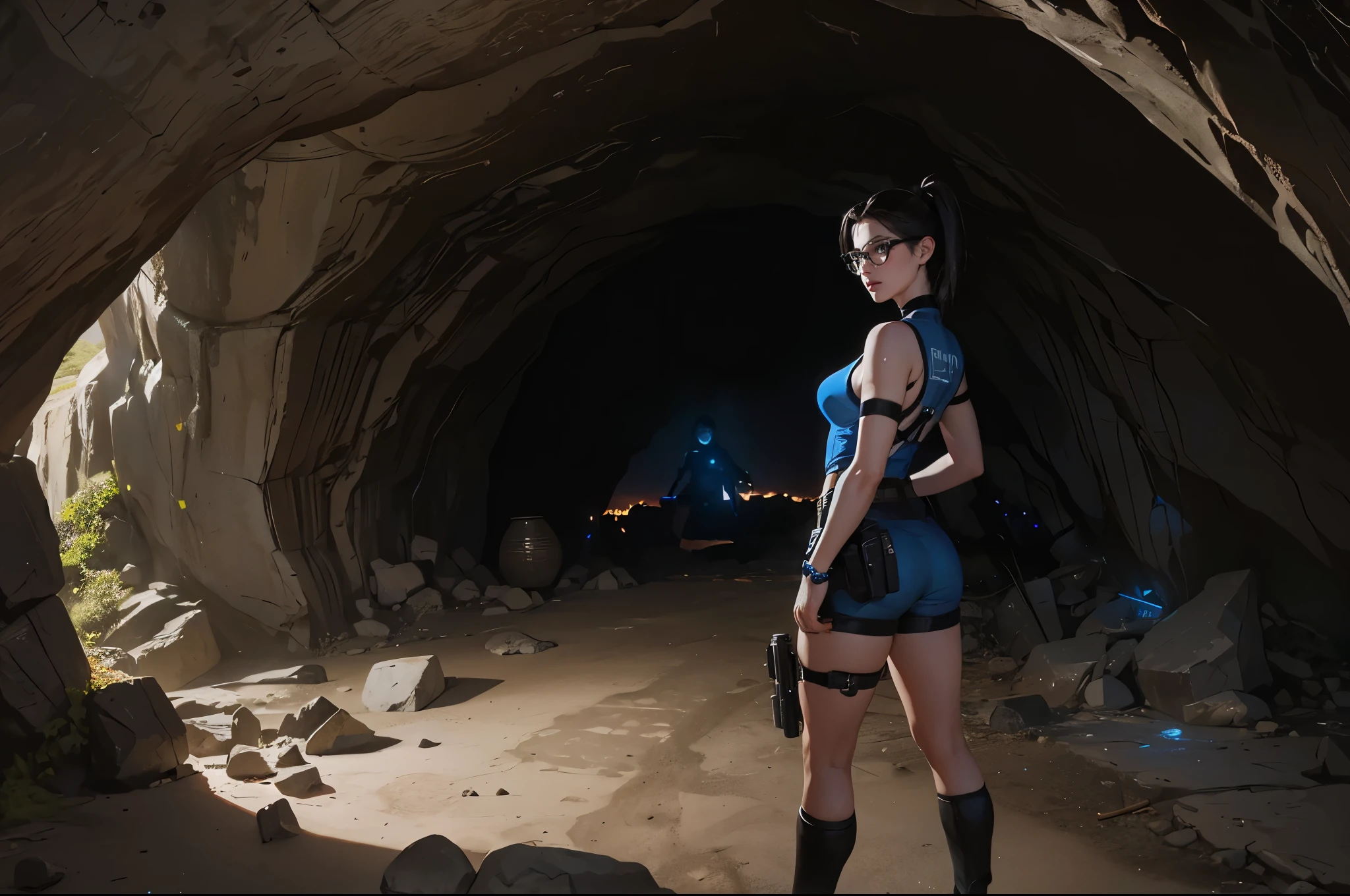 (((Ancient cave landscape))), a beautiful young explorer girl stood in the distance, ((wearing a Jill Valentine outfit)), long black hair tied in a ponytail, bangs, wearing glasses