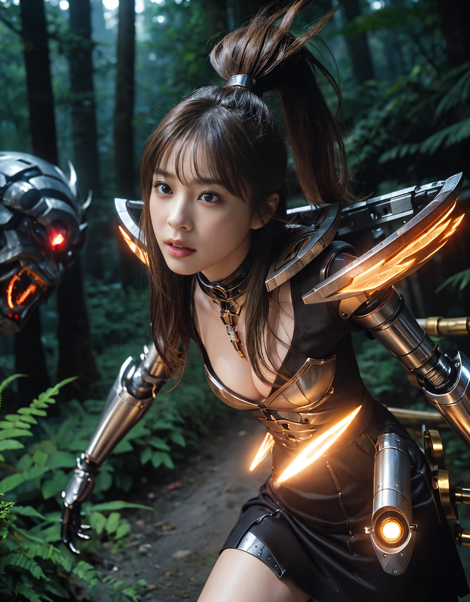 ((battle with monsters))、highest quality、masterpiece、Super high resolution、(Photoreal:1.4)、RAW photo、1 girl、golden hair、glowing skin、(((1 Mechanical Girl)))、with a beautiful knife、(Blue Metal Bodysuit)、(beautiful forest background)、(battle with monsters)、(Small LED)、((Super realistic details))、vertical giant monster background),global illumination、Shadow、octane rendering、8K、super sharp、big breasts、The bare skin of the cleavage is exposed、Metal、intricate decorative details、Japan details、very intricate details、realistic light、CG Society Trends、red eyes、Eyes shining towards the camera、neon details、(Mechanical edge blood vessels connected to tubes)、mechanical vertebrae attached to the back、cervical vertebrae mechanically attached to the neck、(Wires and cables connecting to the head)、gundam、Small LED、,mechanical thighs、two stock、(Hands are also made of machines)、(Attack of the monsters)、(injured in a deadly fight)、