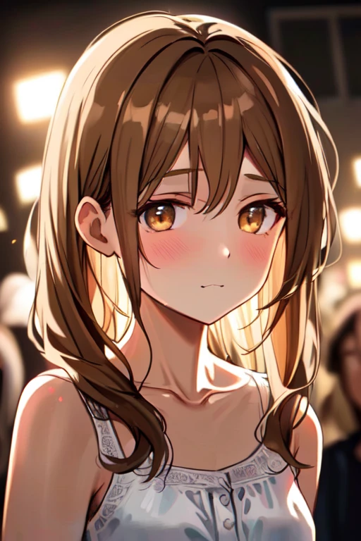 masterpiece, best quality, highres, Cinematic, 1girl, face focus, looking at viewer, ((Close up mouth)), (close up neck), (close up Collarbone), shoulder, Small mouth, Slightly open mouth, Glossy mouth, blush, Glossy lips, Thin neck, brown eye's, eye's in highlight, catch light eyes, specular highlight eyes, brown long hair, Messy hair, Each hair is fine hair, ((White dress)), sleeveless, Cinematic lighting, dust, Soft Focus, bokeh, Blurred Backgrounds, depth of field,