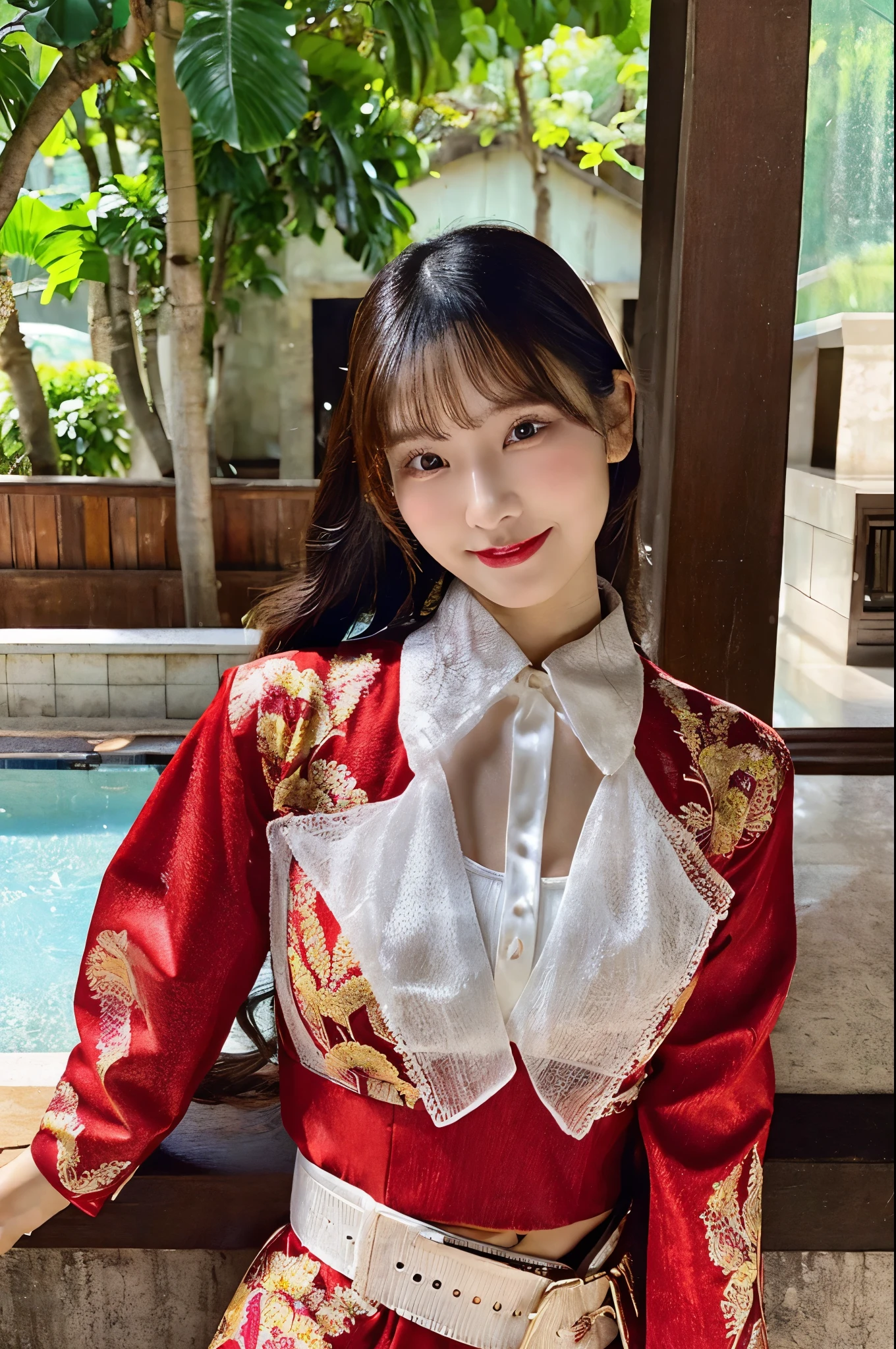 prompt masterpiece, ultra realistic,32k,intricate details, sharp focus, realistic, closed mouth, full body, shiny skin,  seductive smile,  seductive pose, black eyes, jewelr, lips, realistic, looking_at_viewer, irene1, wet skin, shiny skin, long sleeves, indonesian clothes, bali, balinese, cityscape,  dynamic pose,((red kebaya)),full body,busty body,curvy body,long hair,beauty face,cowboy shot