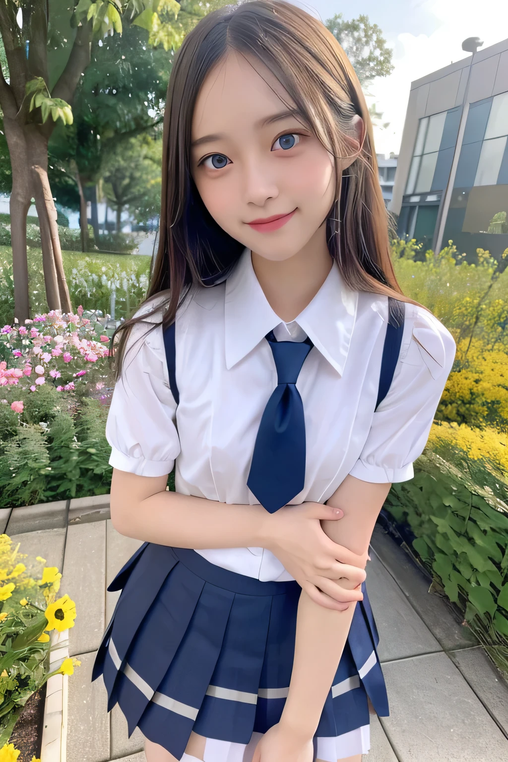 pieces fly、masterpiece、highest quality、Super detailed、High resolution、High resolution、8K portrait、unity 8k wallpaper、Detailed CG、unity 8k wallpaper、Detailed CGユニティ8kの壁紙、realistic、real person、portrait photography、shiny skin、(26 years old)、High resolution、beautiful clear eyes、very detailed explanation、delicate face、nice lips、thin waist、thin legs、1 girl、(school uniform:1.4)、(pleated skirt:1.2)、(small breasts:1.2)、(smile:1.2)、(garden:1.2)、(take a pose:1.2)