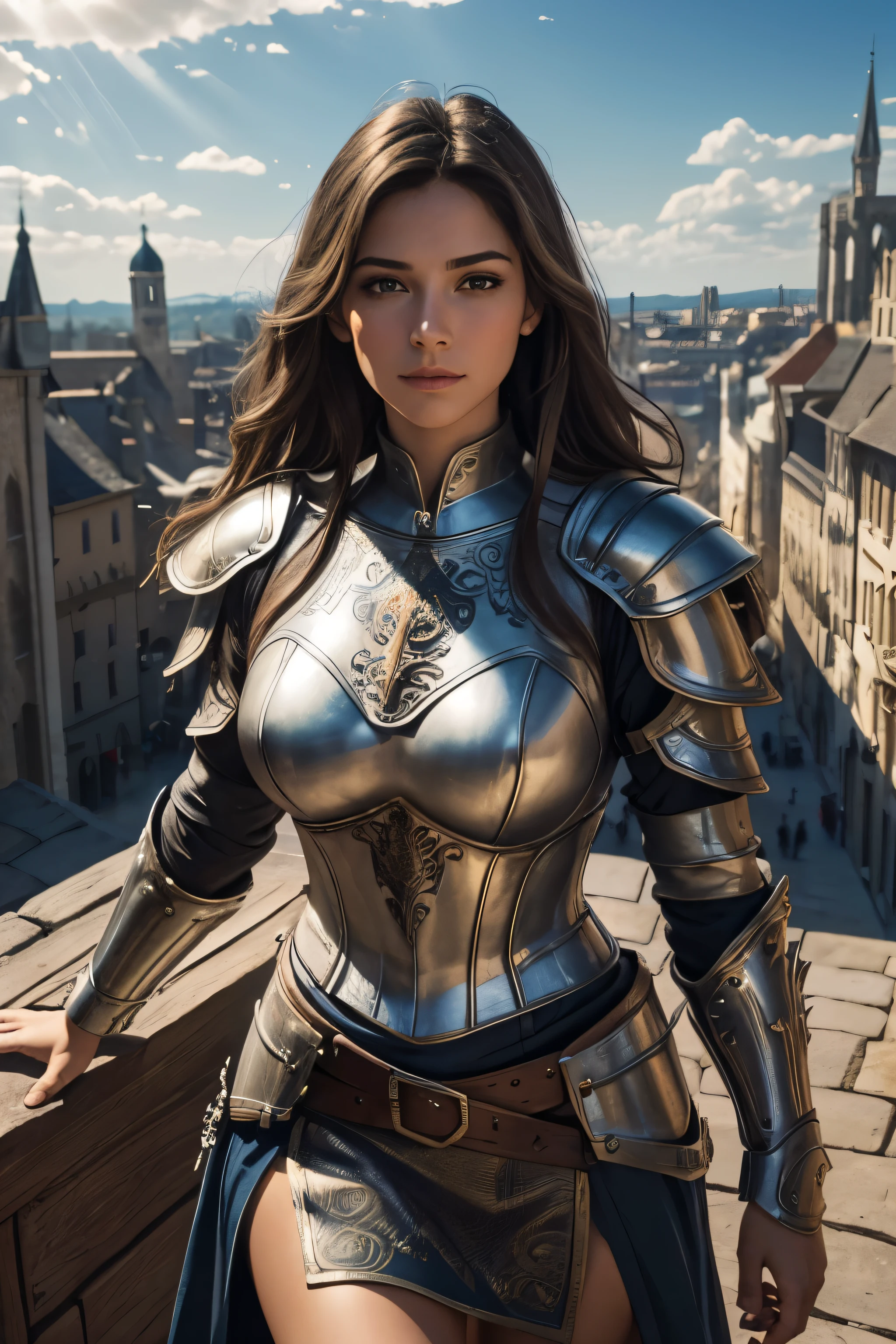 (best quality,4k,8k,highres,masterpiece:1.2),ultra-detailed,(realistic,photorealistic,photo-realistic:1.37),Hawkgirl,medieval armor,medieval city,full body portrait,beautiful detailed eyes,beautiful detailed lips,extremely detailed eyes and face,longeyelashes,shiny metal armor,ornate engravings on the armor,fierce expression,flying in the sky,proud posture,standing on a rooftop,overlooking the city,ancient stone buildings,narrow cobblestone streets,bustling marketplace,colorful banners and flags,people in medieval attire,horse-drawn carriages,rays of sunlight breaking through the clouds,castle towers in the distance,stone bridges over a winding river,vivid colors,rich texture of the armor,delicate brushstrokes,painterly style,portraits,medieval style lighting and ambiance