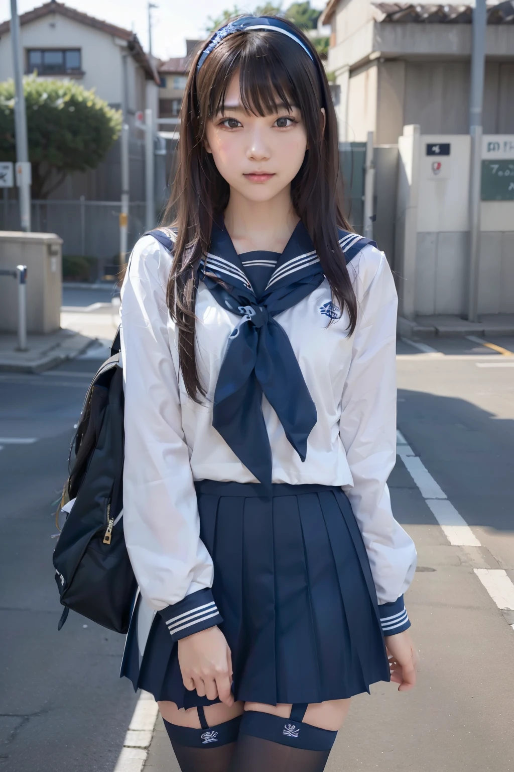 sailor suit, one woman, (a beauty woman, delicate :1.3), black hair, semi straight hair, Bangs Patsun, 8K, highest quality, masterpiece, Super detailed, ultra high resolution, realistic, RAW photo, absolute resolution, small face compared to body (4:1), very small face (4:1), The face is balanced, black hair, navy blue sailor uniform, Dark blue skirt, High school girl in sailor suit, realistic女子高生, ((white headband)), small breasts, tall, slanted eyes, light blue eyes, (In front of the school gate), (black stockings), open your mouth, smile, stand, School bag on shoulder,