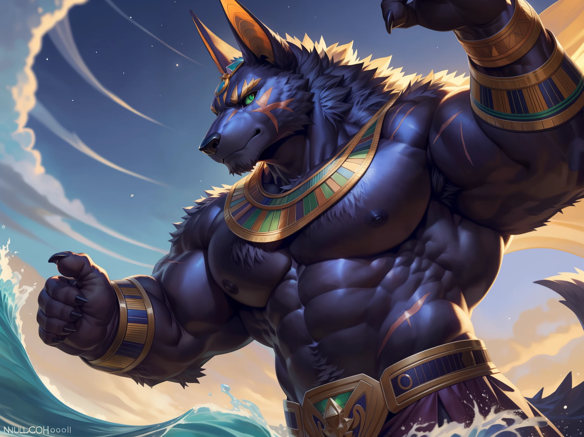 solo, anthro, furry, furry male, jackel,((fluffy fur, fluffy, furry body)), scars, Anubis print), black body, glowing green eyes, black sclera, Jackel tail, detailed fluffy fur, detailed face, detailed eyes, chest, big muscles, (huge pectorals:1.1), Barbarian clothes, bracers on biceps, Egyptian accessories, full body, claws, fantasy,(by null-ghost, by raccoon21, masterpiece, high quality, hi-res,8k),close-view portrait, looking at viewer, night, outdoors, dark shadows, Posing, (parting waves:1.4), ((Anubis walking through the waves)), raised arms
