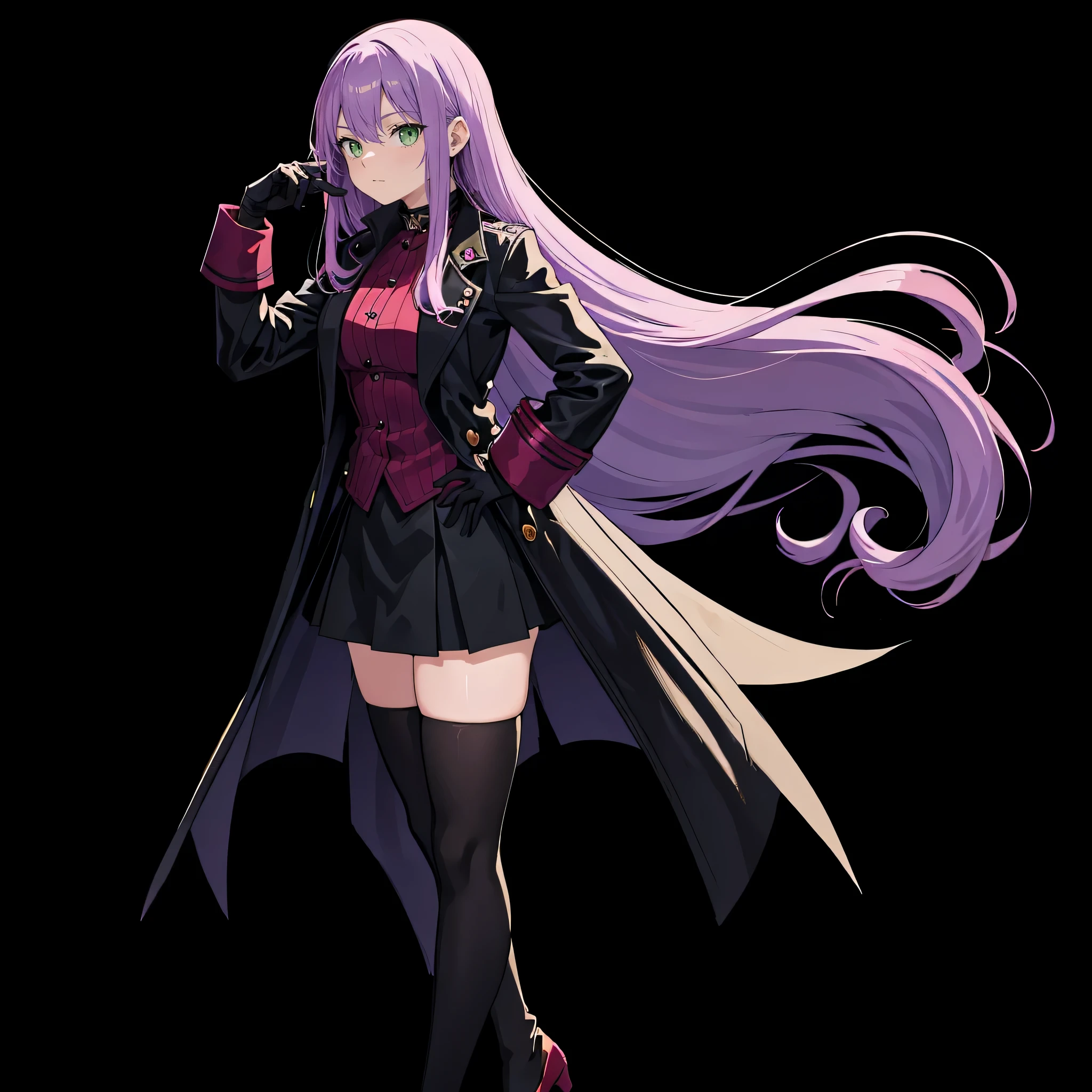 Color photo of young woman, long light purple hair, green eyes, 20 years old, black coat, black skirt, black gloves, Black knee-high socks, Dark red Mary Jane shoes, anime style aesthetics