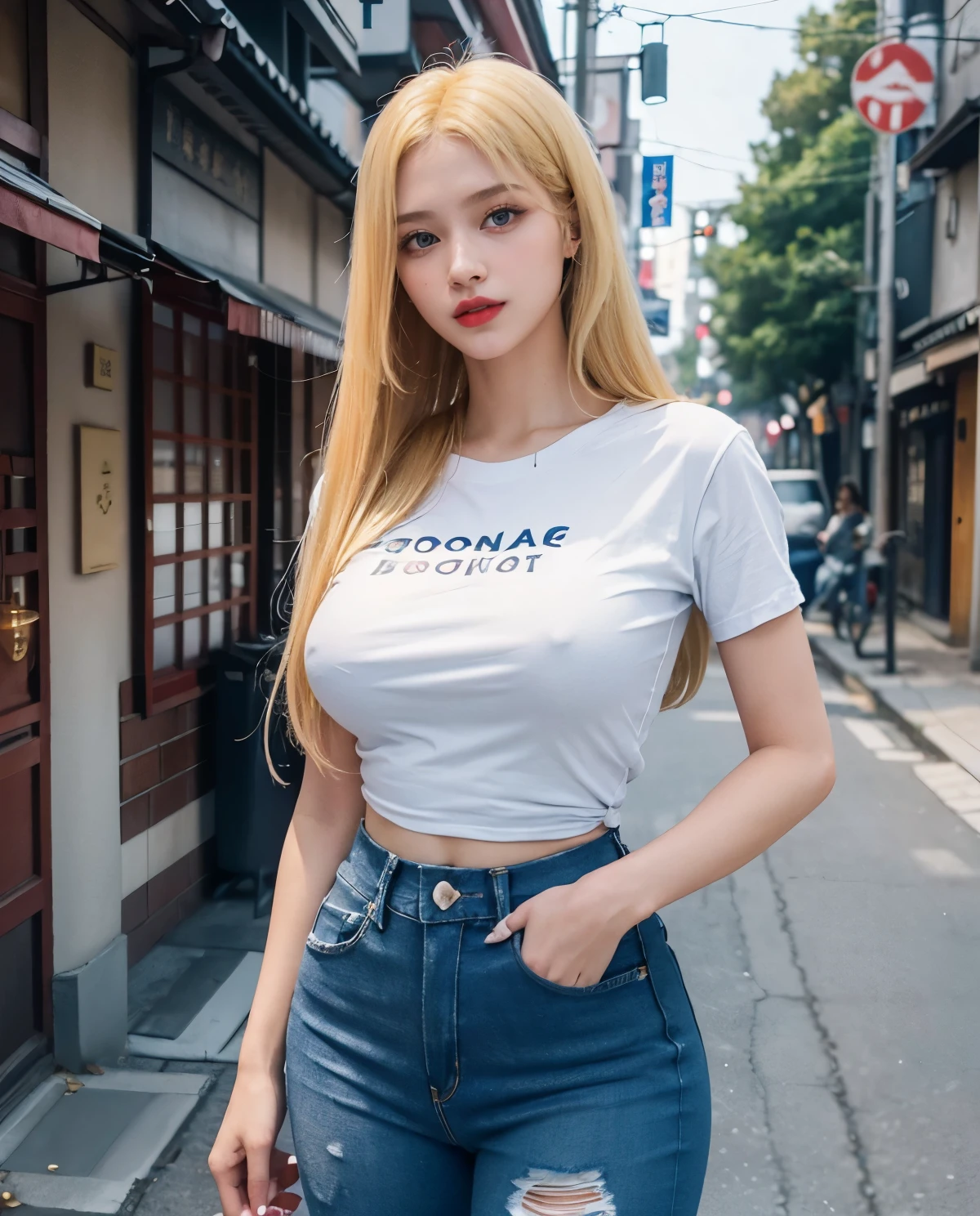 1girl, Blue eyes, (smile), (Sana Minatozaki), (tight t-shirt :1.3), (rip jeans :1.4), bright makeup, portrait, close-up of face, (wide hips :1.3), Big , (big ass), (Best Quality, 8k, Masterpiece: 1.3), perfect hands, Clear Focus: 1.2, Perfect Body Beauty: 1.4, Highly detailed face and skin texture, detailed eyes, double eyelids, red lips, (blonde long straight hair :1.3), (standing), (dynamic pose), in a japanese town