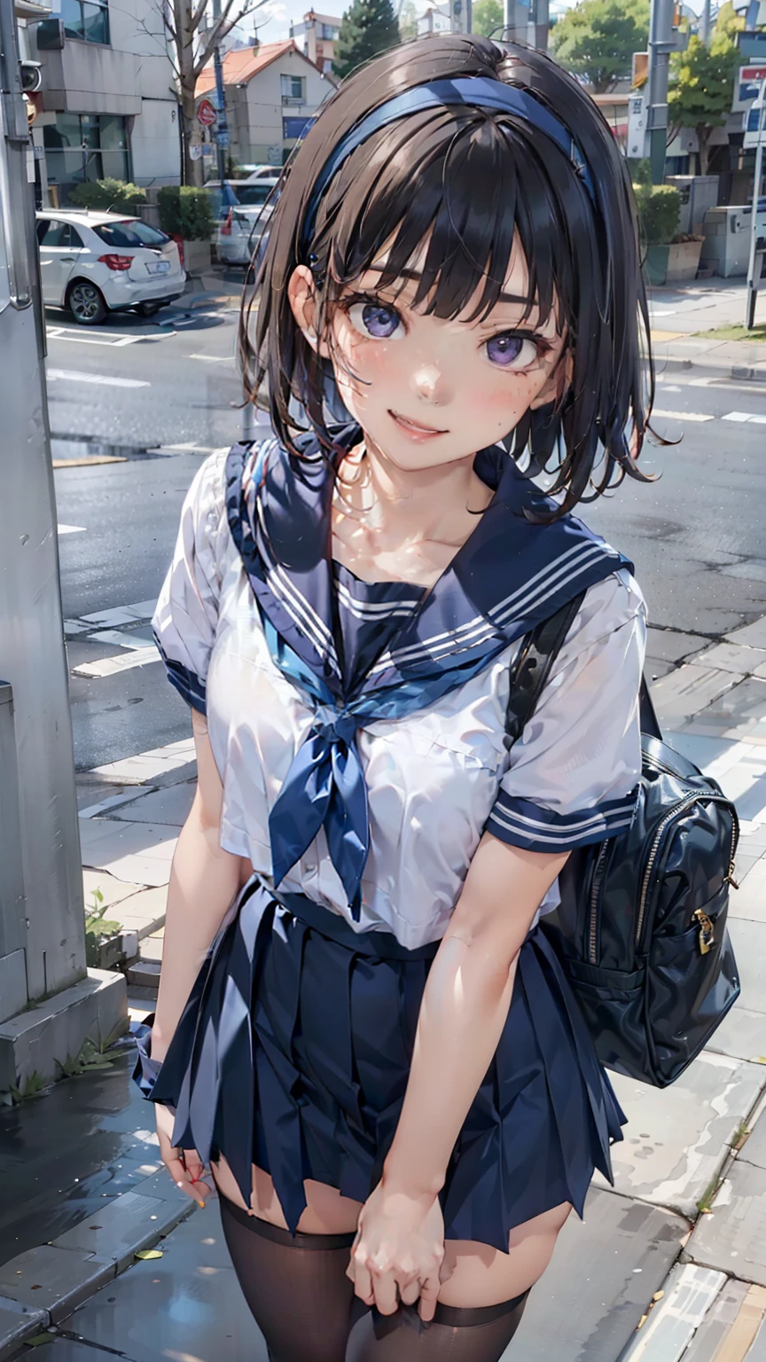 sailor suit, one woman, (a beauty woman, delicate :1.3), black hair, bob cut, Bangs Patsun, 8K, highest quality, masterpiece, Super detailed, ultra high resolution, realistic, RAW photo, absolute resolution, small face compared to body (4:1), very small face (4:1), The face is balanced, black hair, sailor suit, Dark blue skirt, realistic女子高生, ((white headband)), small breasts, tall, slanted eyes, purple eyes, (In front of the school gate), (black stockings), open your mouth, smile, position looking down from above, stand, school bag,