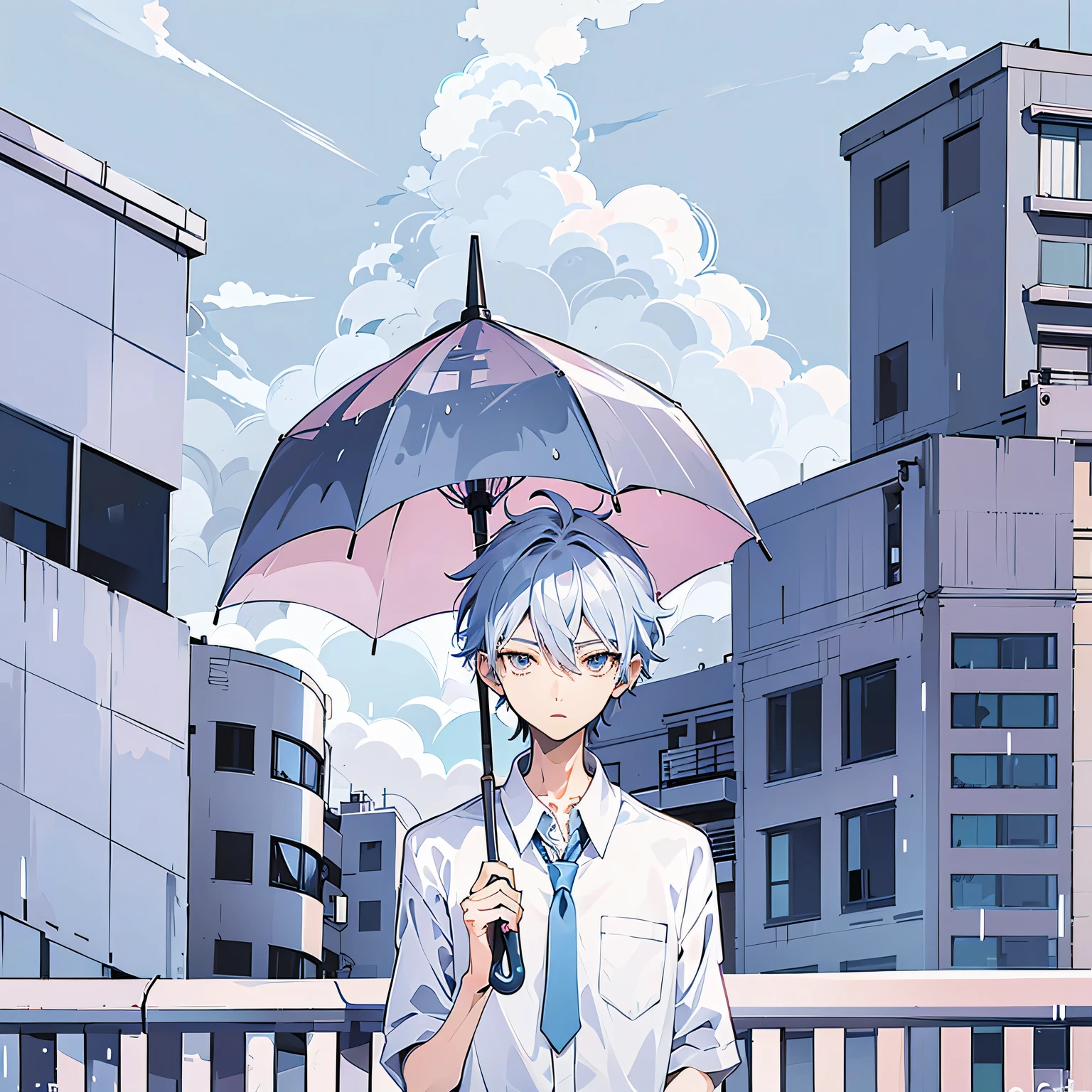 anime - style illustration of a boy holding an umbrella in the city, in an anime style, in anime style, 2 d anime style, kaworu nagisa, holding an umbrella, holding a umbrella, anime style cityscape, anime style illustration, young anime man, holding umbrella, inspired by Okumura Togyu, flat anime style shading, rainy afternoon