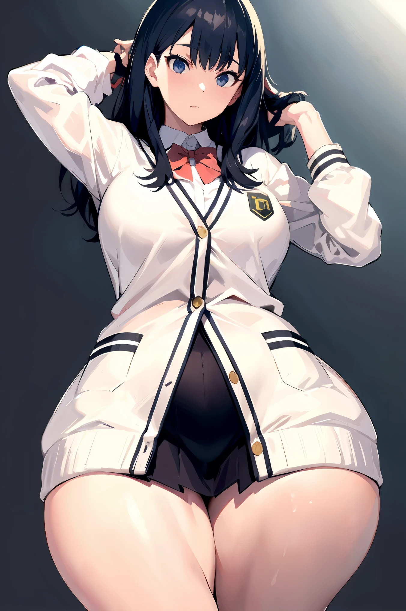 a beautiful woman,aarikka,long hair,bangs,school uniform,red bowtie,white cardigan,white shirt,long sleeves,wrist scrunchie,orange scrunchie,black skirt,socks,red socks,loafers,brown footwear, wide hips, narrow waist, thighs, voluptuous