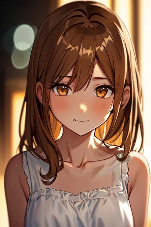 masterpiece, best quality, highres, Cinematic, 1girl, face focus, looking at viewer, ((Close up mouth)), (close up neck), (close up Collarbone), shoulder, Small mouth, Slightly open mouth, Glossy mouth, blush, Glossy lips, Thin neck, brown eye's, eye's in highlight, catch light eyes, specular highlight eyes, brown long hair, Messy hair, Each hair is fine hair, ((White dress)), sleeveless, Cinematic lighting, dust, Soft Focus, bokeh, Blurred Backgrounds, depth of field,