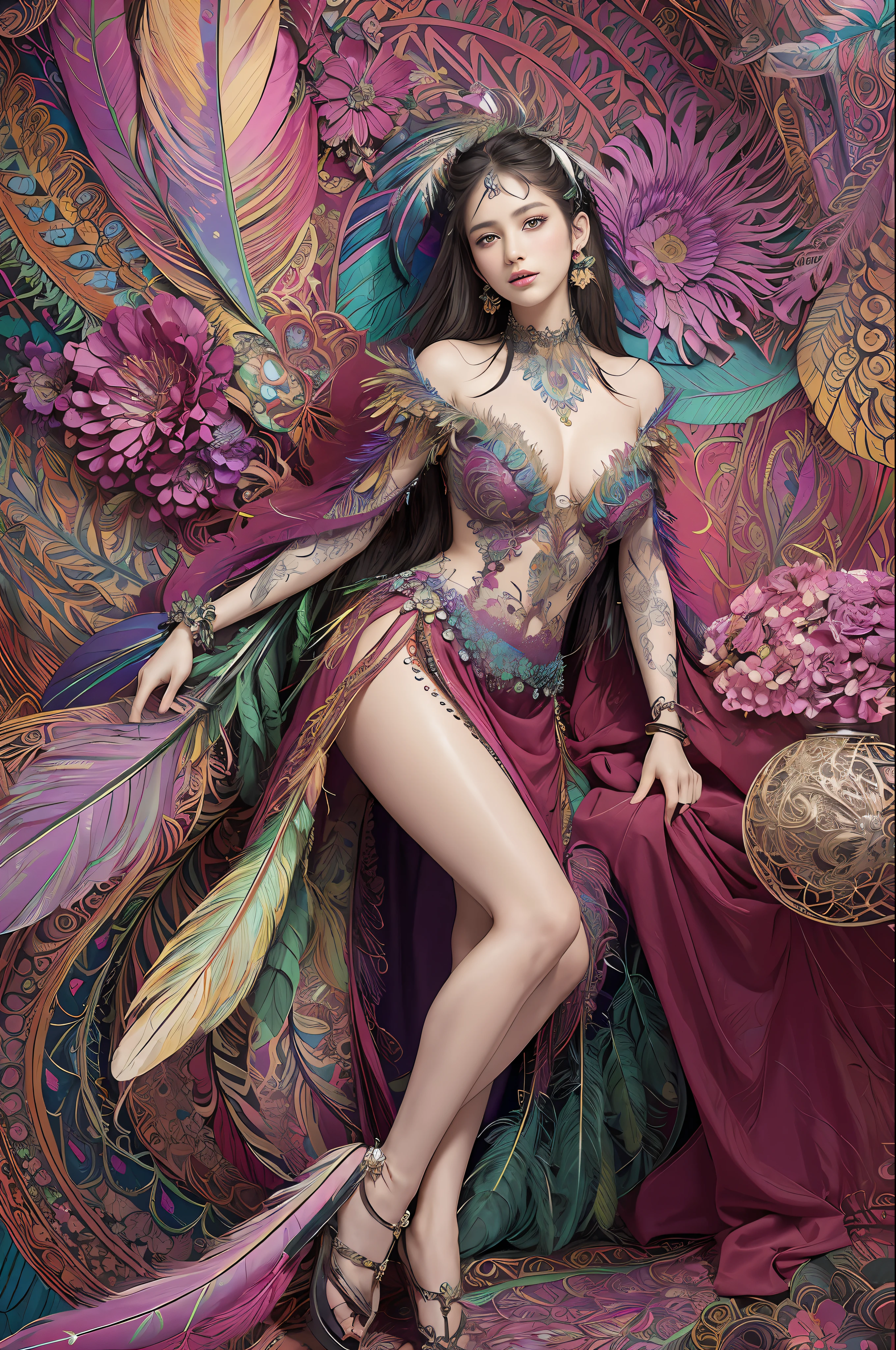 (masterpiece, top quality, best quality, official art, beautiful and aesthetic:1.2), (1girl:1.3), extremely detailed,(fractal art:1.1),(colorful:1.1)(flowers:1.3),highest detailed,(zentangle:1.2), full body, (abstract background:1.3), (shiny skin), (many colors:1.4), ,(earrings), (feathers:1.5),