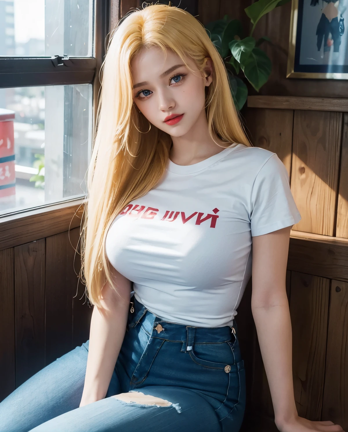 1girl, Blue eyes, (smile), (Sana Minatozaki), (tight t-shirt :1.3), (rip jeans :1.4), bright makeup, portrait, close-up of face, (wide hips :1.3), Big , (big ass), (Best Quality, 8k, Masterpiece: 1.3), perfect hands, Clear Focus: 1.2, Perfect Body Beauty: 1.4, Highly detailed face and skin texture, detailed eyes, double eyelids, red lips, (blonde long straight hair :1.3), (sitting), in a japanese town