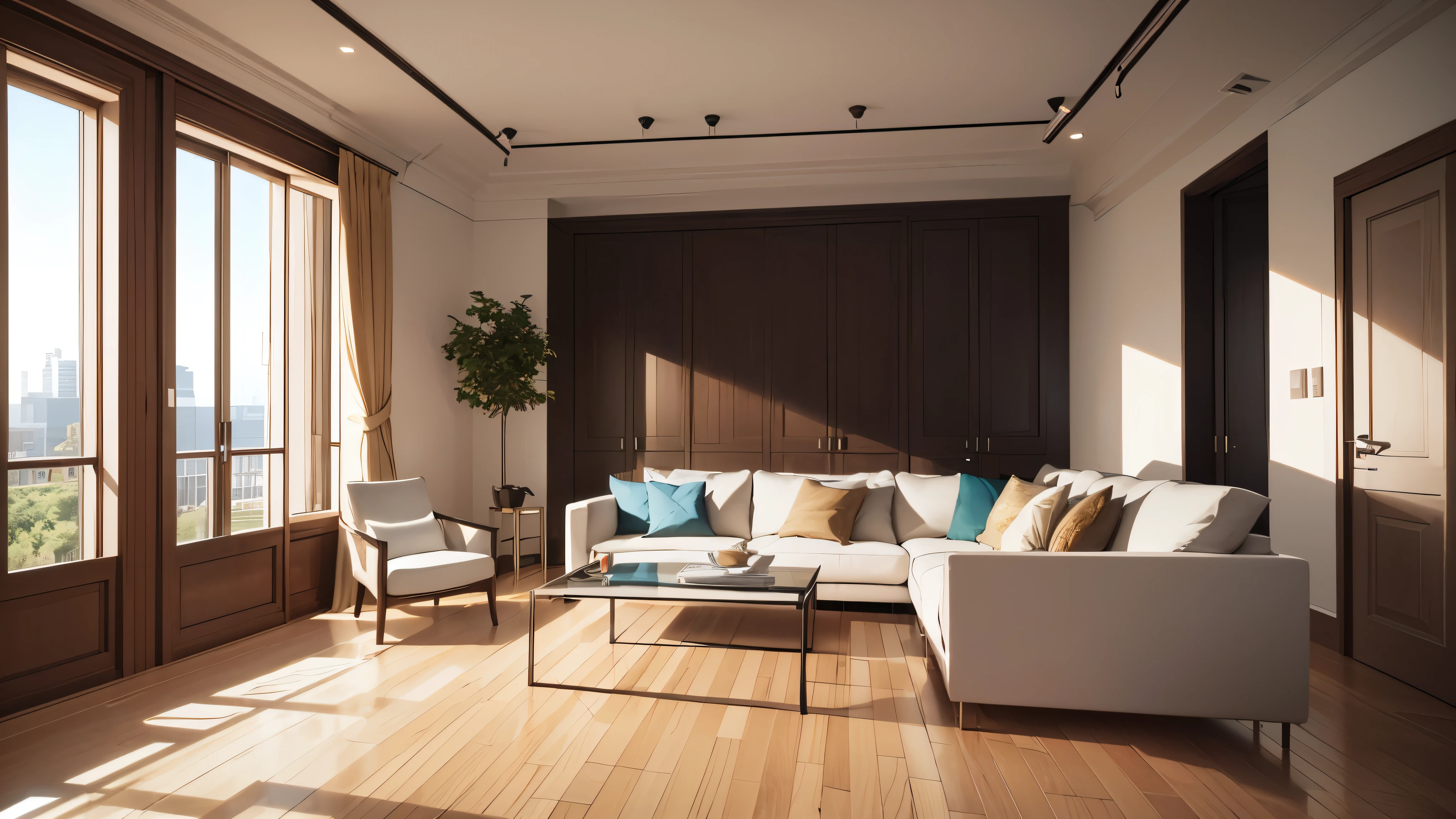 You are a famous interior designer、You have been asked to create a 3D image of a modern large room. Create a harmonious environment with modern and minimalist furniture. Including garden interior.