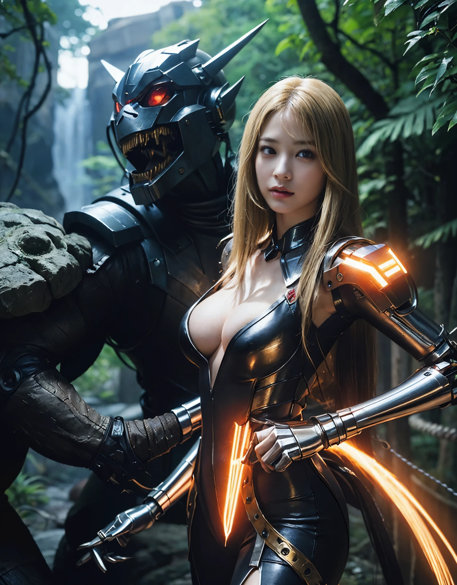((battle with monsters))、highest quality、masterpiece、Super high resolution、(Photoreal:1.4)、RAW photo、1 girl、golden hair、glowing skin、(((1 Mechanical Girl)))、with a beautiful knife、(Blue Metal Bodysuit)、(beautiful forest background)、(battle with monsters)、(Small LED)、((Super realistic details))、vertical giant monster background),global illumination、Shadow、octane rendering、16K、super sharp、big breasts、The bare skin of the cleavage is exposed、Metal、intricate decorative details、Japan details、very intricate details、realistic light、CG Society Trends、red eyes、Eyes shining towards the camera、neon details、(Mechanical edge blood vessels connected to tubes)、mechanical vertebrae attached to the back、cervical vertebrae mechanically attached to the neck、(Wires and cables connecting to the head)、gundam、Small LED、,mechanical thighs、two stock、(Hands are also made of machines)、(Attack of the monsters)、(injured in a deadly fight)、