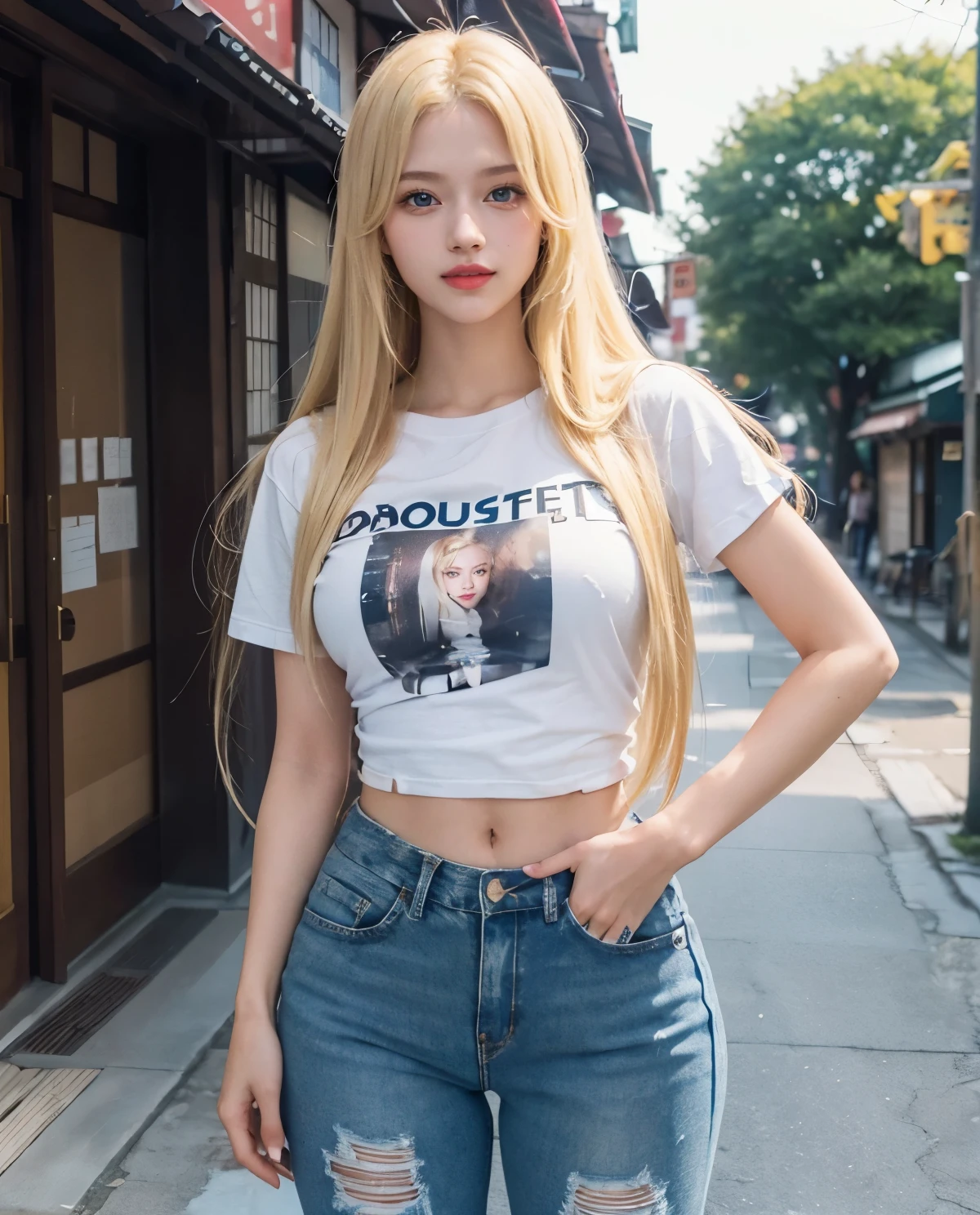 1girl, Blue eyes, (smile), (Sana Minatozaki), (tight t-shirt :1.3), (rip jeans :1.4), (wide hips :1.3), Big , (big ass), (Best Quality, 8k, Masterpiece: 1.3), perfect hands, Clear Focus: 1.2, Perfect Body Beauty: 1.4, Highly detailed face and skin texture, detailed eyes, double eyelids, red lips, (blonde long straight hair :1.3), (standing), (dynamic pose), in a japanese town