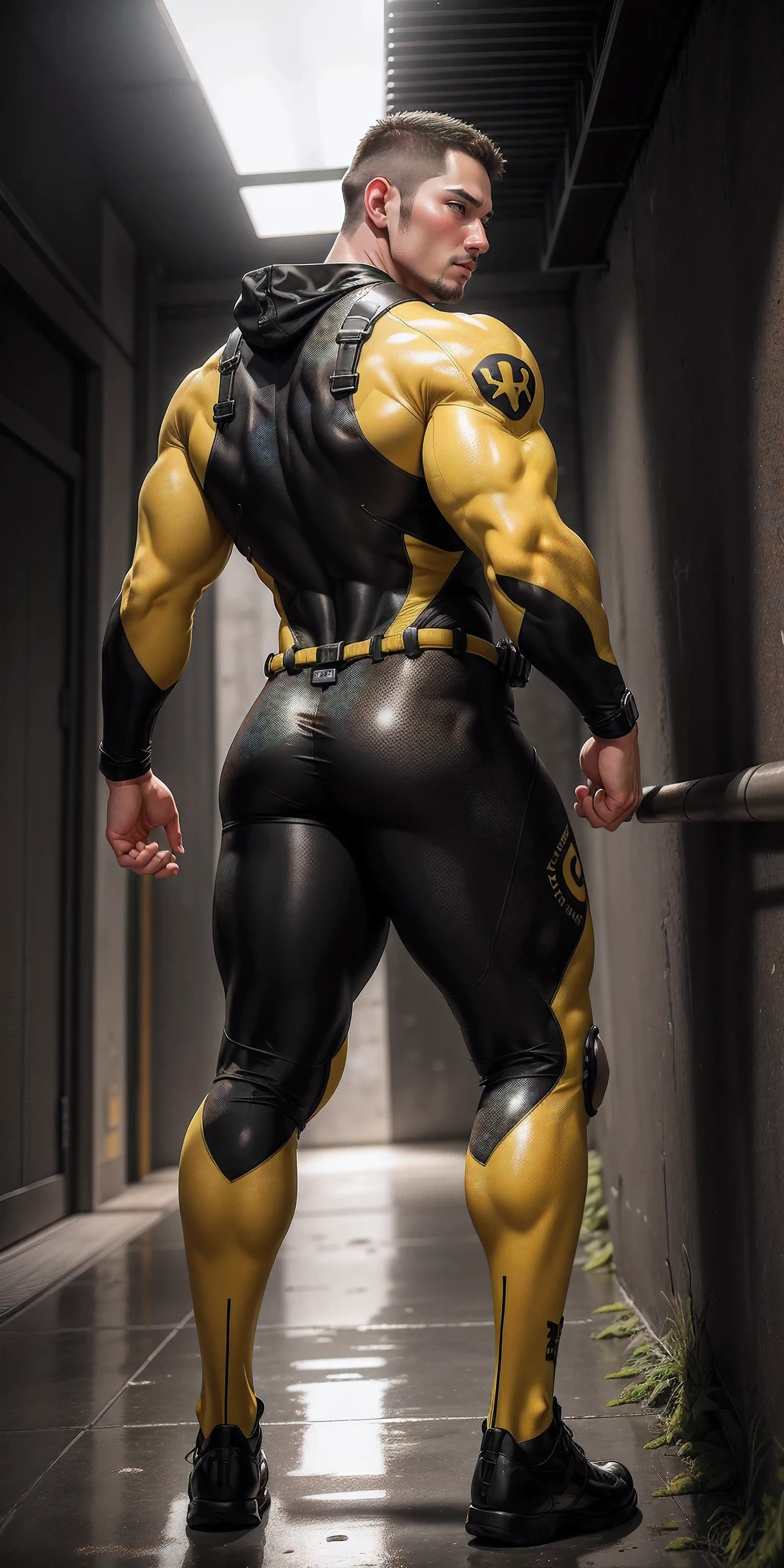 特别High背影, huge, and muscular police officer.，Yellow and gray khaki camouflage wetsuit，he faces the wall，Hold the wall with both hands，Straighten your hips，character idea（Resident Evil - chris redfield，chris redfield）senior police officer，身穿Yellow and gray khaki camouflage wetsuit，matte texture，regular symmetrical texture pattern，Standing in the dark sugar cane jungle, The body is wrapped in thick rattan，sad expression，Deep and charming eyes，Emerald Pupil Hero，heroic male pose，高大burly，muscular！Charming leg muscles，High, burly, Heqiang， 身穿Yellow and gray khaki camouflage wetsuit， Super gain and cool， high resolution committee， Big feet in black boots，Charming strong man，The bright sunshine is shining on you，matte particles，shiny texture