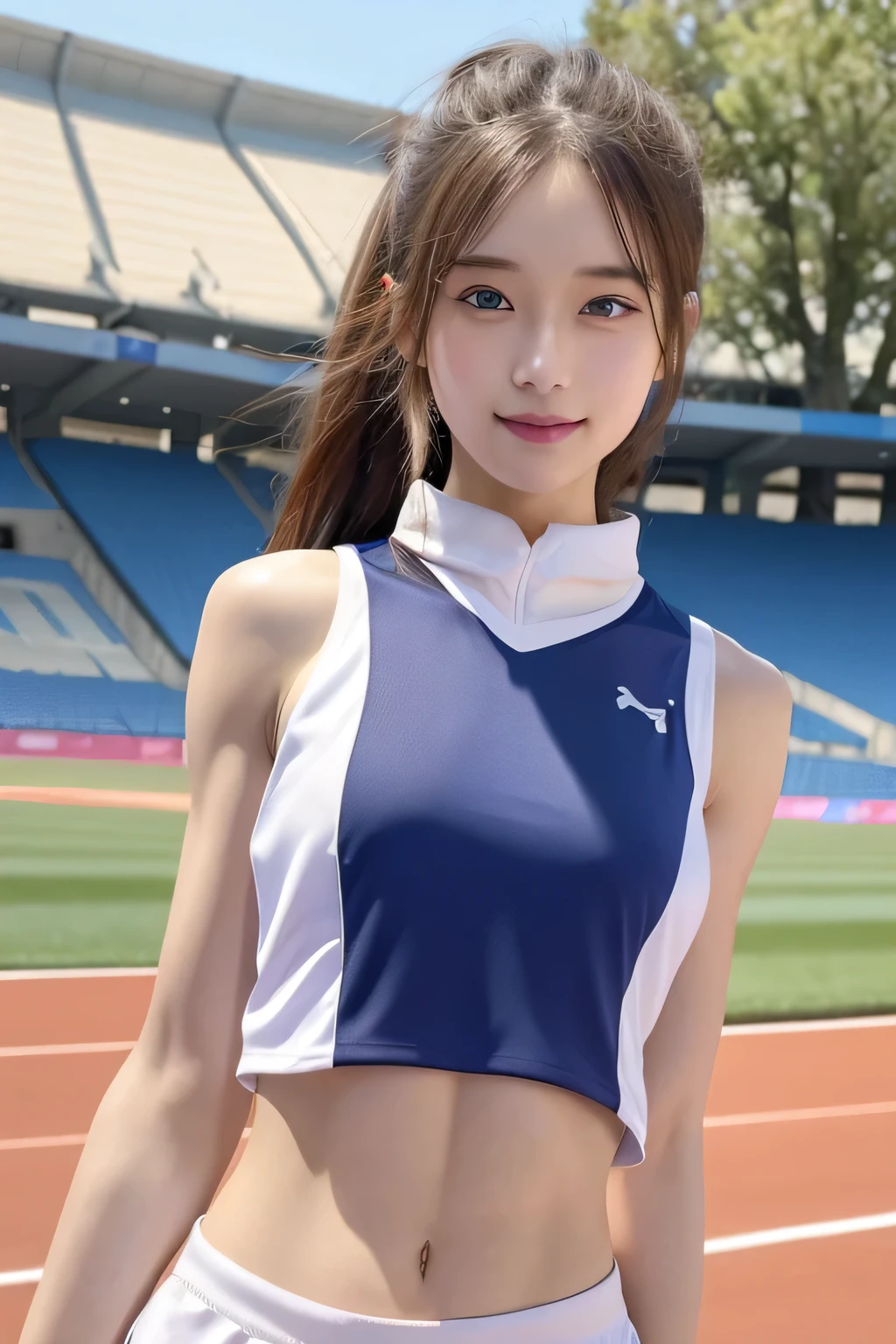 pieces fly、masterpiece、highest quality、Super detailed、High resolution、High resolution、8K portrait、Unity 8k壁紙のHigh resolutionCG、unity 8k wallpaper、cute:1.5、:1.5、Highly detailed CG unity 8k wallpaper、realistic、real person、cute、 portrait photography、shiny skin、High resolution、(20-year-old:1.2)、(1 girl)、beautiful clear eyes、very detailed explanation、delicate face、nice lips、slender body、thin waist、thin legs、(athletics stadium:1.3)、(small breasts:1.2)、(sleeveless track and field color uniform:1.4)、(nipples are visible:1.2)、(big smile)、(abs:1.5)