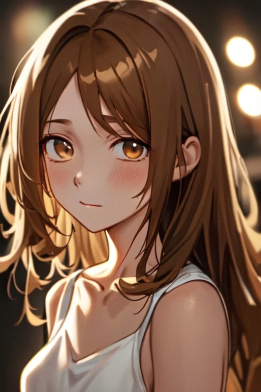 masterpiece, best quality, highres, Cinematic, 1girl, face focus, looking at viewer, ((Close up mouth)), (close up neck), (close up Collarbone), shoulder, Small mouth, parted lips, Slightly open mouth, Glossy mouth, blush, Glossy lips, Thin neck, brown eye's, eye's in highlight, catch light eyes, specular highlight eyes, brown long hair, Messy hair, Each hair is fine hair, ((White dress)), sleeveless, Cinematic lighting, dust, Soft Focus, bokeh, Blurred Backgrounds, depth of field,