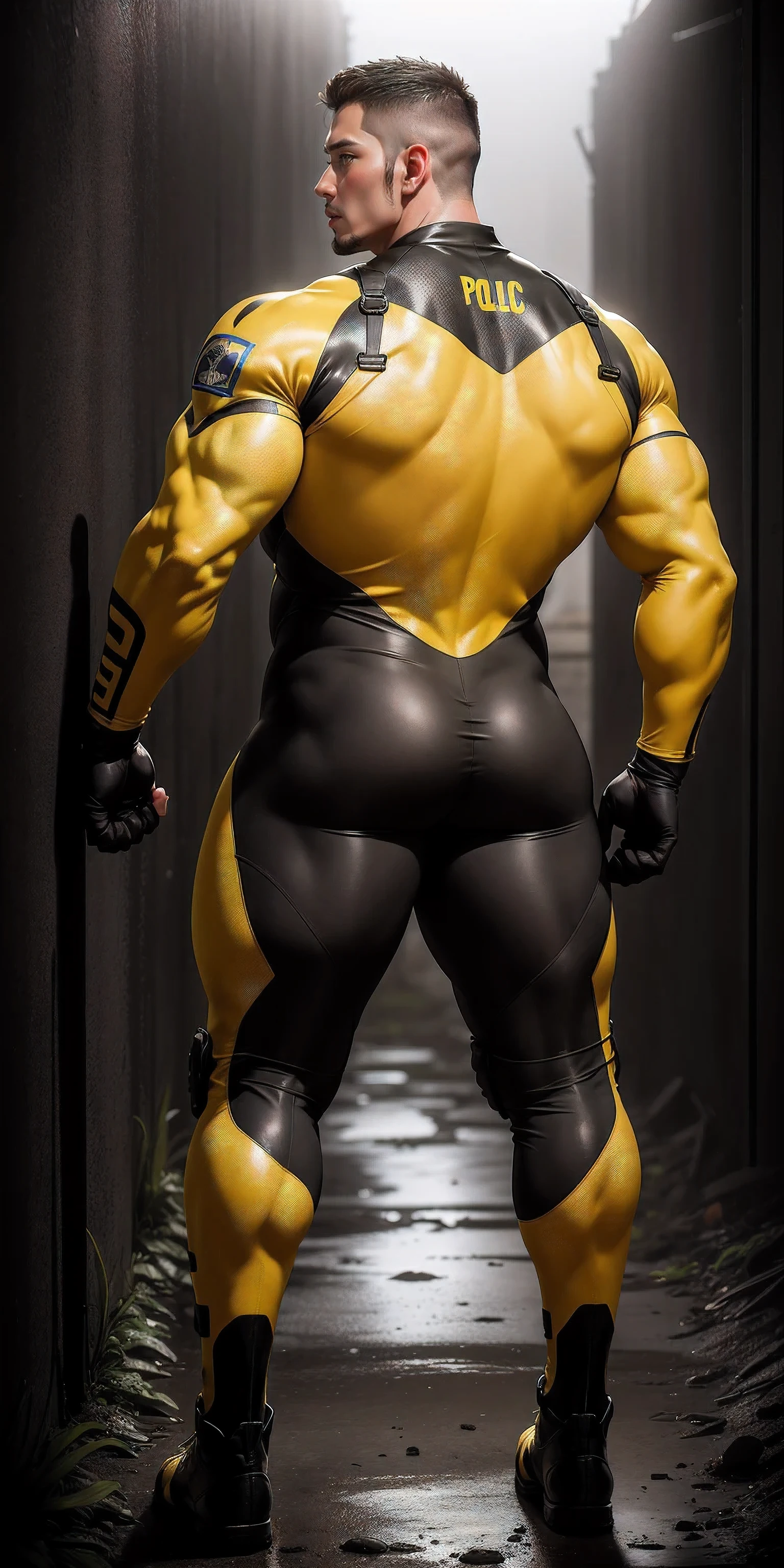 特别High背影, huge, and muscular police officer.,Yellow and gray khaki camouflage wetsuit,he faces the wall,Hold the wall with both hands,Straighten your hips,character idea(Resident Evil - chris redfield,chris redfield)senior police officer,身穿Yellow and gray khaki camouflage wetsuit,matte texture,regular symmetrical texture pattern,Standing in the dark sugar cane jungle, The body is wrapped in thick rattan,sad expression,Deep and charming eyes,Emerald Pupil Hero,heroic male pose,高大burly,muscular!Charming leg muscles,High, burly, Heqiang, 身穿Yellow and gray khaki camouflage wetsuit, Super gain and cool, high resolution committee, Big feet in black boots,Charming strong man,The bright sunshine is shining on you,matte particles,shiny texture