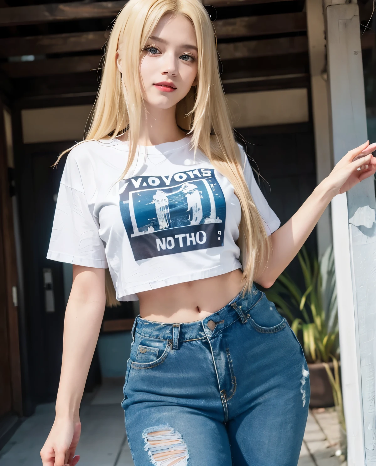1girl, Blue eyes, (smile), (Sana Minatozaki), (tight t-shirt :1.3), (ripped jeans :1.2), bright makeup, (wide hips :1.3), Big , (big ass), (Best Quality, 8k, Masterpiece: 1.3), perfect hands, Clear Focus: 1.2, Perfect Body Beauty: 1.4, Highly detailed face and skin texture, detailed eyes, double eyelids, red lips, (blonde long straight hair :1.3), (standing), in a japanese town