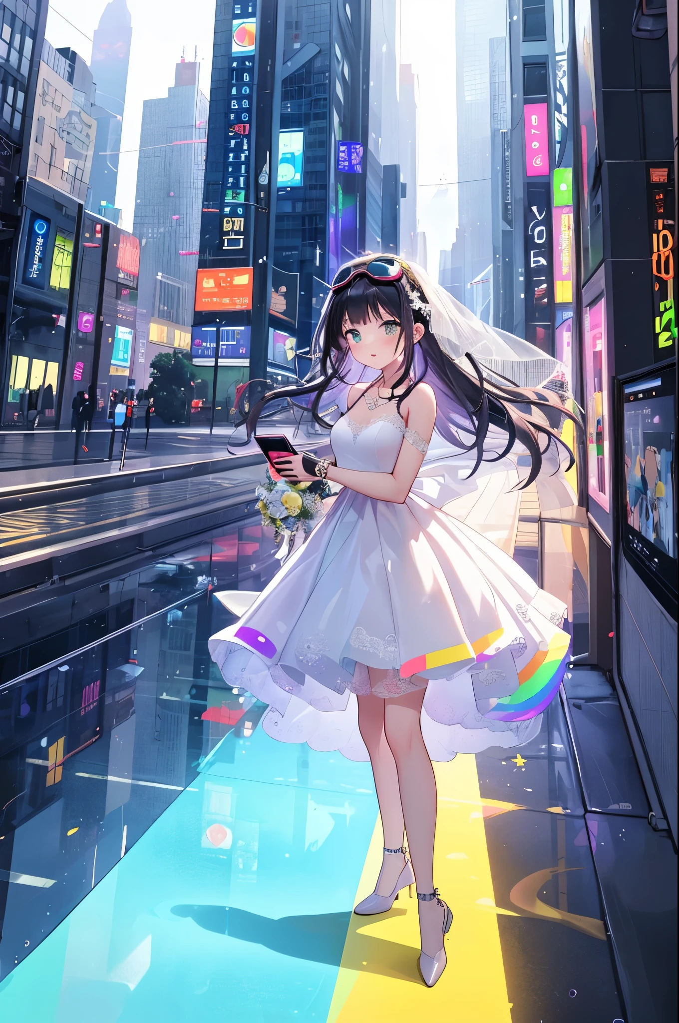 An girl holding an iPhone, Apple Watch, MacBook, AirPods, and iPad; wearing a transparent futuristic rainbow mini wedding dress; with long straight mesh hair in rainbow colors; walking in a futuristic city; facing forward; wearing rainbow goggles; operating a floating menu screen in the air; 18 years old.