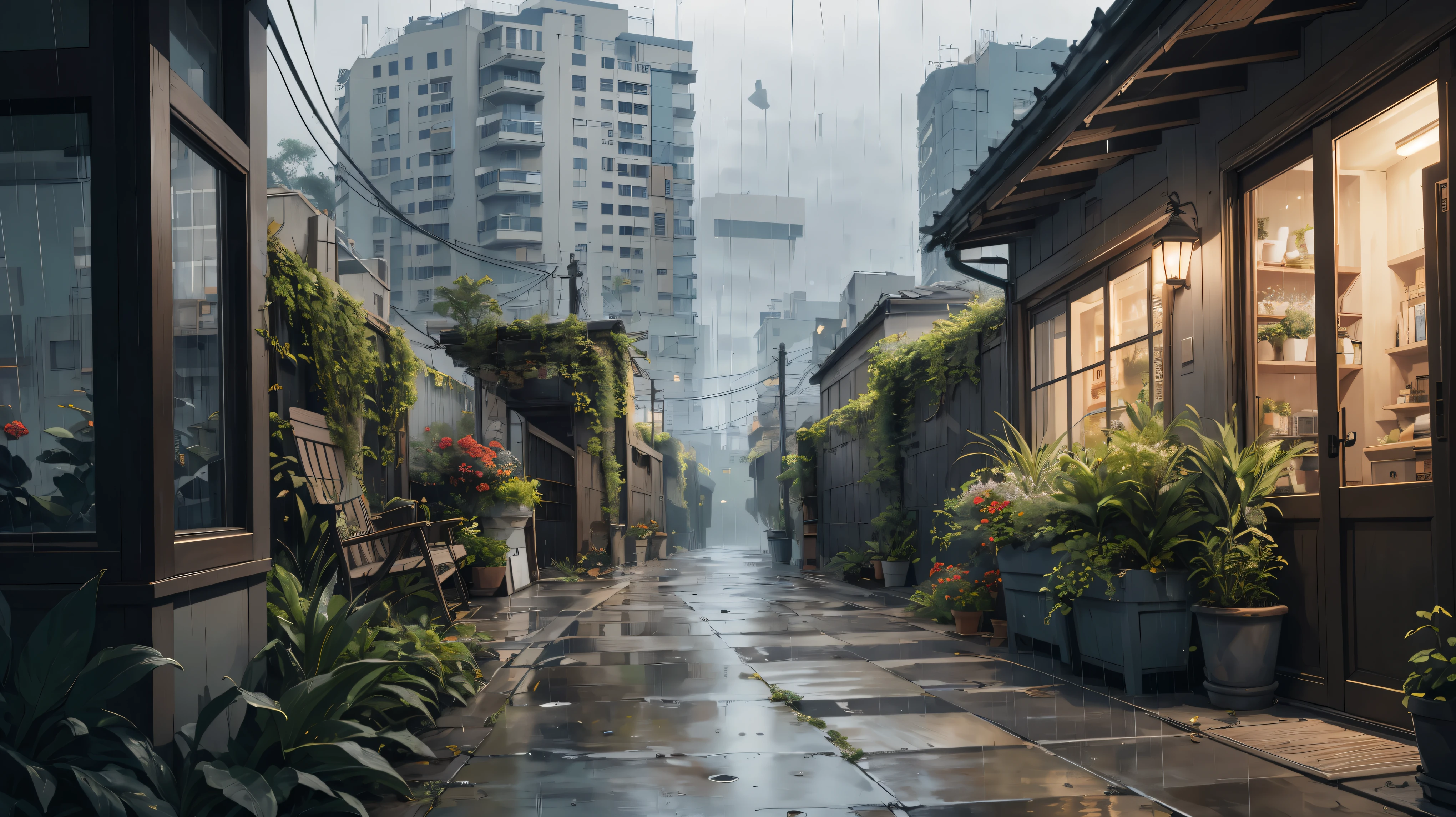 masterpiece, 4k, ultra detailed, sitting on porch, surrounded by plants, a cozy place in a city, sketch book, (gray and rainy:1.2), from behind, background focus, muted colors, sad