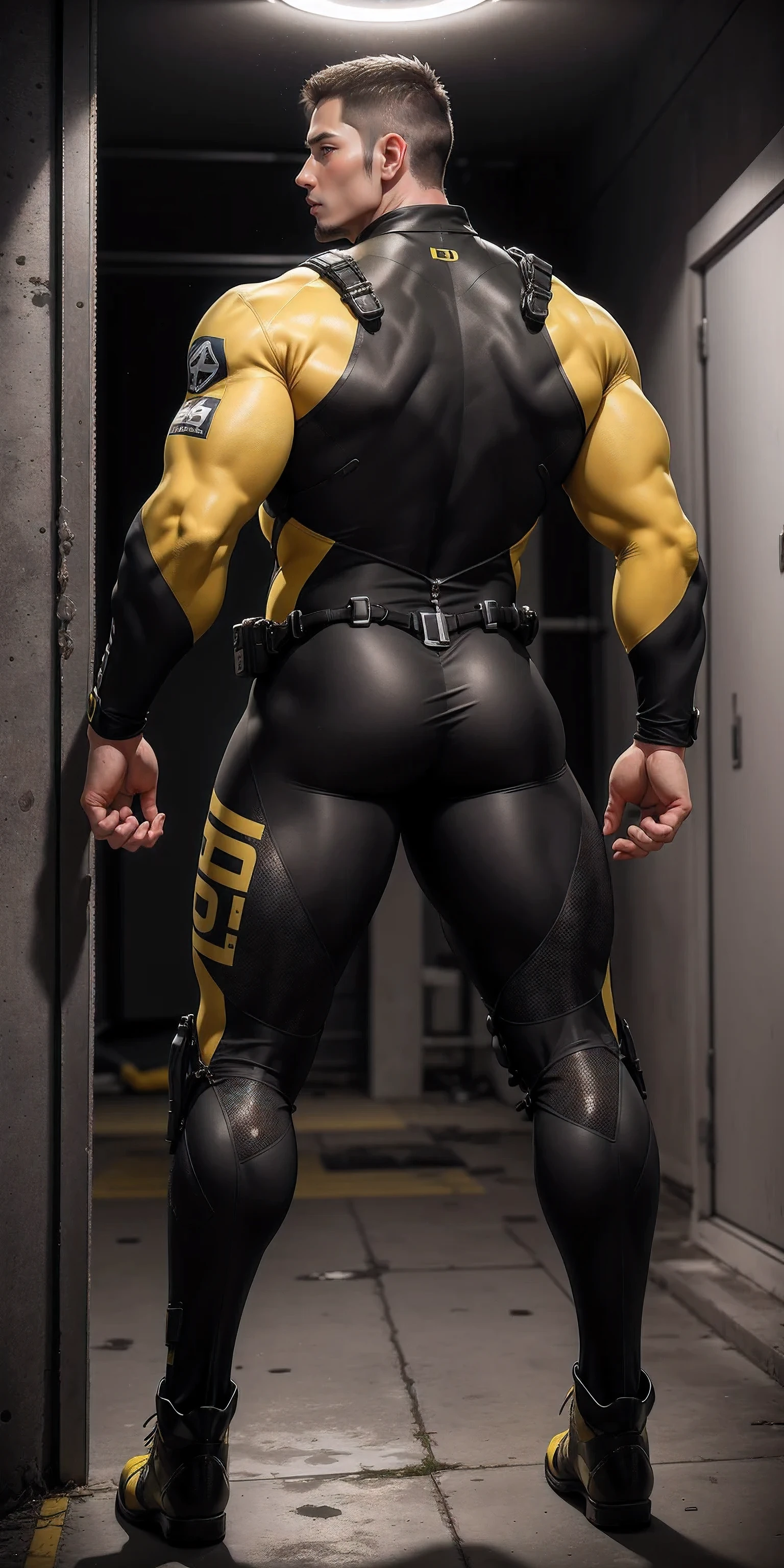 特别High背影, huge, and muscular police officer.,Yellow and gray khaki camouflage wetsuit,he faces the wall,Hold the wall with both hands,Straighten your hips,character idea(Resident Evil - chris redfield,chris redfield)senior police officer,身穿Yellow and gray khaki camouflage wetsuit,matte texture,regular symmetrical texture pattern,Standing in the dark sugar cane jungle, The body is wrapped in thick rattan,sad expression,Deep and charming eyes,Emerald Pupil Hero,heroic male pose,高大burly,muscular!Charming leg muscles,High, burly, Heqiang, 身穿Yellow and gray khaki camouflage wetsuit, Super gain and cool, high resolution committee, Big feet in black boots,Charming strong man,The bright sunshine is shining on you,matte particles,shiny texture