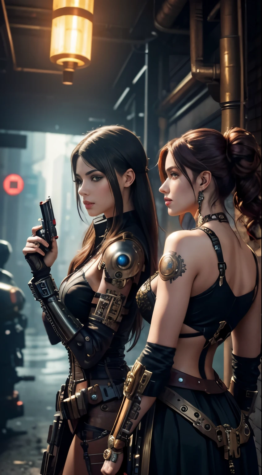 a beautiful steampunk cyborg girl against a beautiful cyberpunk cyborg girl fighting