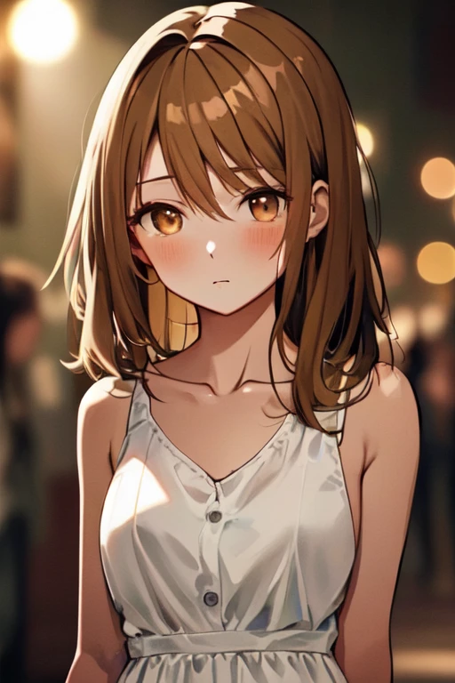 masterpiece, best quality, highres, Cinematic, 1girl, face focus, looking at viewer, (close up neck), (close up Collarbone), shoulder, Small mouth, parted lips, Slightly open mouth, Glossy mouth, blush, Glossy lips, Thin neck, brown eye's, eye's in highlight, catch light eyes, specular highlight eyes, brown long hair, Messy hair, Each hair is fine hair, ((White dress)), sleeveless, Cinematic lighting, dust, Soft Focus, bokeh, Blurred Backgrounds, depth of field,