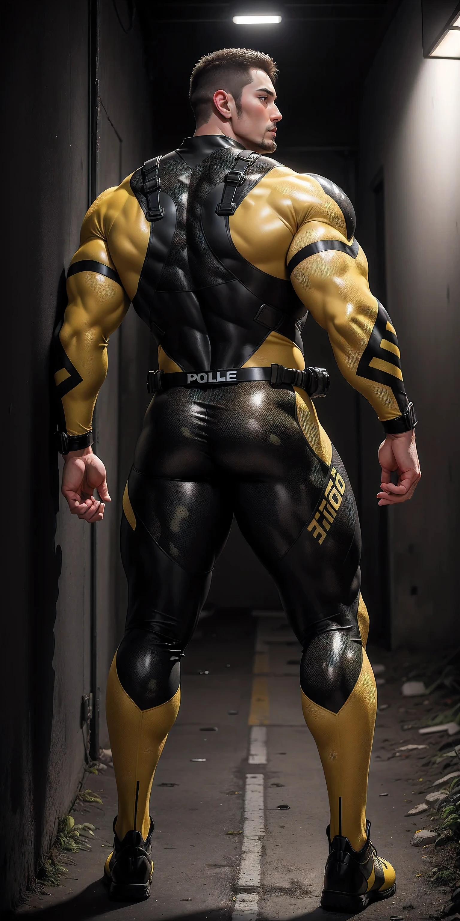 特别High背影, huge, and muscular police officer.,Yellow and gray khaki camouflage wetsuit,he faces the wall,Hold the wall with both hands,Straighten your hips,character idea(Resident Evil - chris redfield,chris redfield)senior police officer,身穿Yellow and gray khaki camouflage wetsuit,matte texture,regular symmetrical texture pattern,Standing in the dark sugar cane jungle, The body is wrapped in thick rattan,sad expression,Deep and charming eyes,Emerald Pupil Hero,heroic male pose,高大burly,muscular!Charming leg muscles,High, burly, Heqiang, 身穿Yellow and gray khaki camouflage wetsuit, Super gain and cool, high resolution committee, Big feet in black boots,Charming strong man,The bright sunshine is shining on you,matte particles,shiny texture