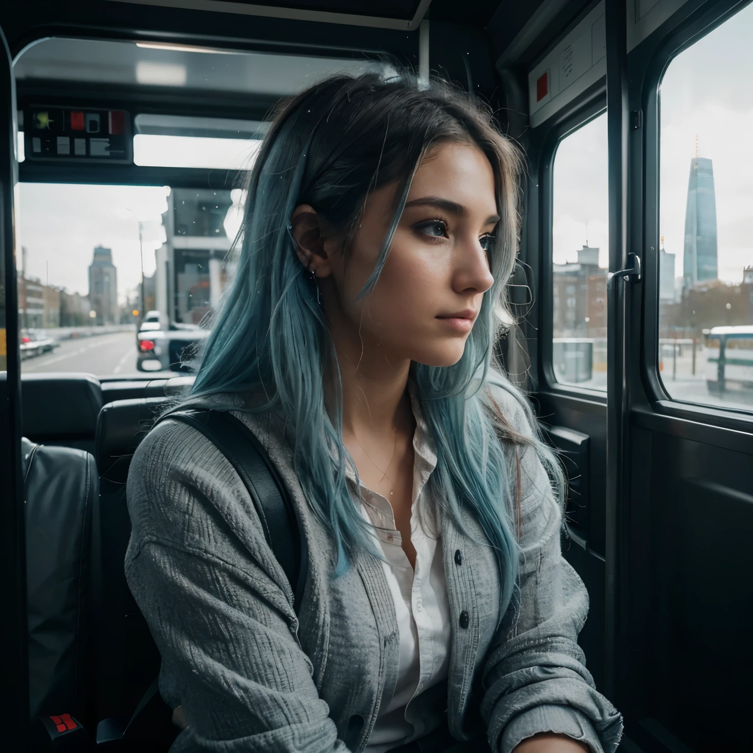 Side view, 23 year old beautiful woman, light blue hair, long messy hair, tired looking, sleepy, camera looking down bus, sitting on bus, London, London bus, early winter morning, wearing black winter clothes, morning commute, office clothes, fully clothed, backpack on lap, hyper realistic, highest quality, ultra realistic, extremely detailed, hd, HDR, hyper detailed, professional photoshoot, cinematic, ultra detailed, beautiful body, visually rich, concept art, luminous, intricate details, subtle colors, extremely detailed, ultra sharp focus, light particles, attention to detail, grandeur and awe, stunning visual masterpiece, double exposure, 32k, photorealistic, strong outlines, cinematographic scene, highest quality