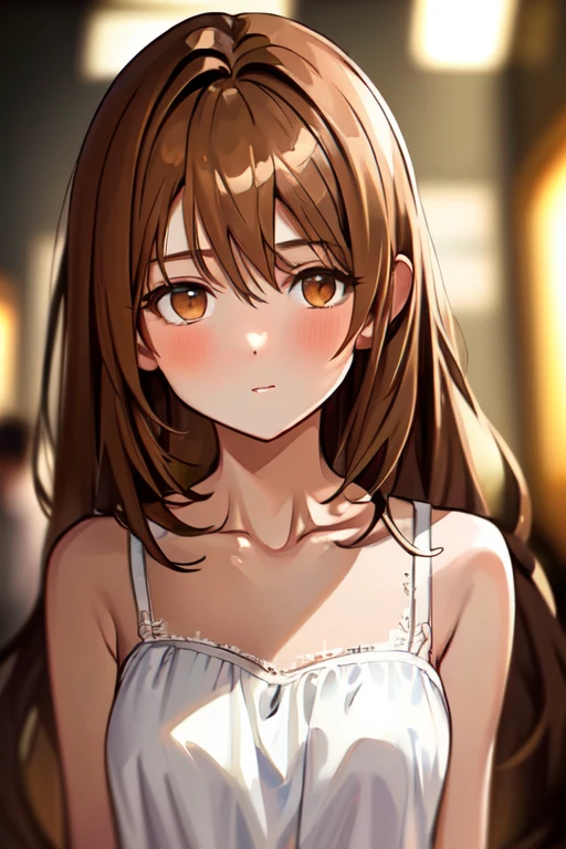 masterpiece, best quality, highres, Cinematic, 1girl, face focus, looking at viewer, (close up neck), (close up Collarbone), shoulder, Small mouth, parted lips, Slightly open mouth, Glossy mouth, blush, Glossy lips, Thin neck, brown eye's, eye's in highlight, catch light eyes, specular highlight eyes, brown long hair, Messy hair, Each hair is fine hair, ((White dress)), sleeveless, Cinematic lighting, dust, Soft Focus, bokeh, Blurred Backgrounds, depth of field,