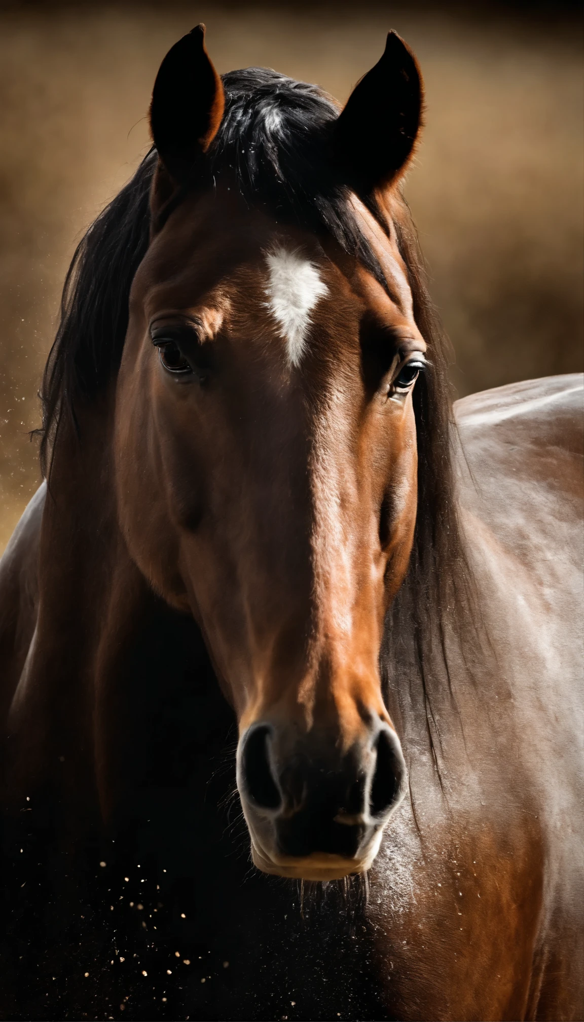(best quality,4k,8k,highres,masterpiece:1.2), realistic photo of a horse sweating, detailed texture of the horse's coat, visible veins on the horse's body, shiny and wet appearance, droplets of sweat on the horse's forehead, intense expression in the horse's eyes, loose flowing mane, muscular body, powerful stance, dust particles floating in the air, natural lighting emphasizing the horse's features, vibrant and rich colors, picturesque background scenery, highlighting the horse's strength and grace.