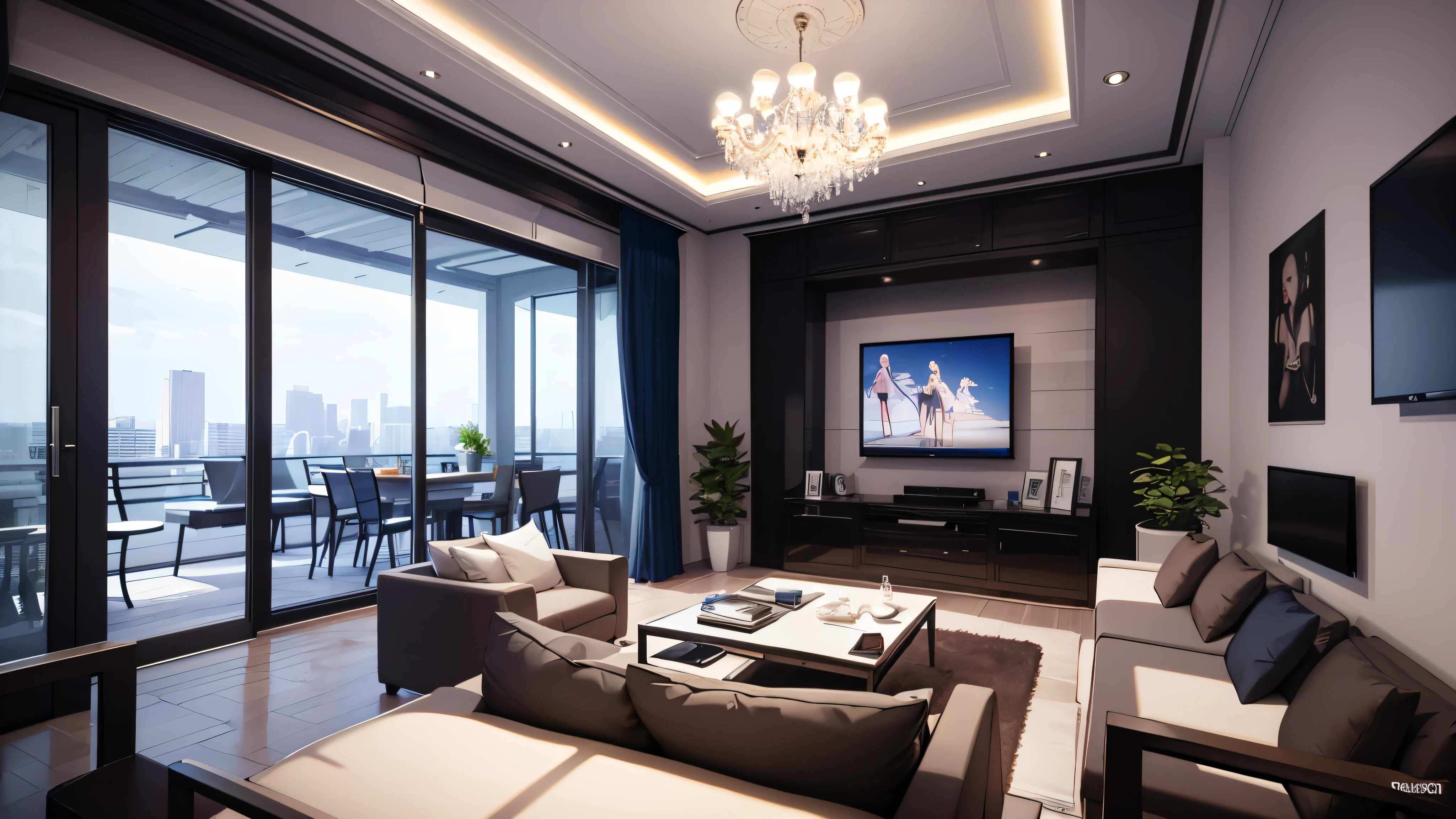 You are a famous interior designer、You have been asked to create a 3D image of a modern large room. Create a harmonious environment with modern and minimalist furniture. Including garden interior.