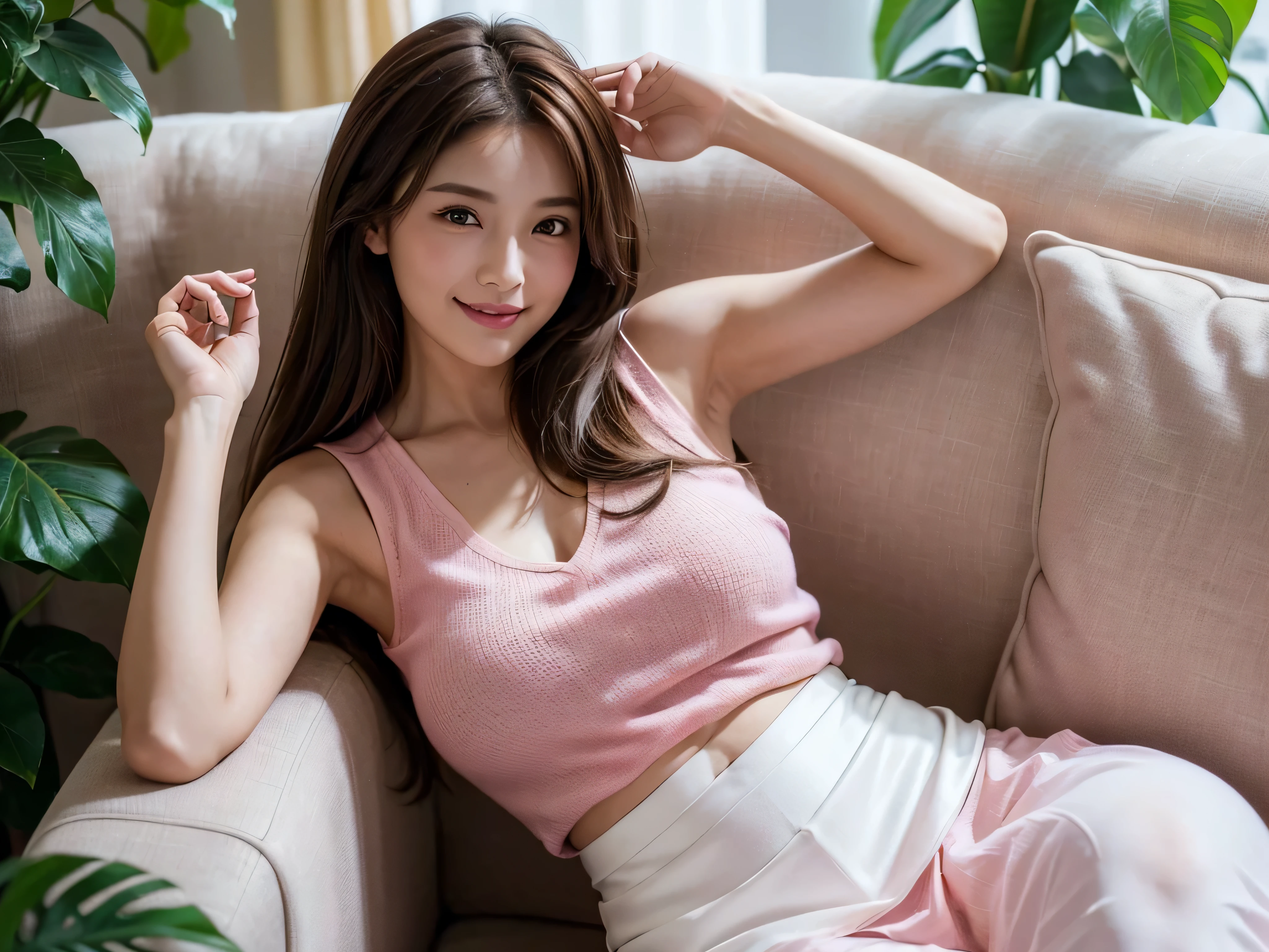 (1若い女の子very detailed美しい顔), great look and best quality:1.4), (super detailed), (very detailed CG 統合 8k 壁紙), very detailed, High resolution raw color photos, professional photography, realistic portrait, wonderful face and eyes, ((brown eyes)),（((big breasts))), (((Straight medium brown hair))), model, Depth of bounds written, ,raise your hands up, ((smile)),33 years old,(((sleeveless pink blouse))),(((white long skirt))),cleavage,(((designers office))),(Lying on the couch),(Foliage plant)
