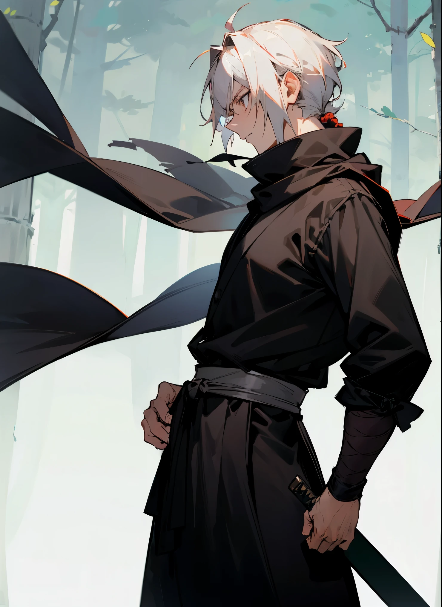 1male , Adult Male , Ninja Clothing , Sword on Hip , Black Scarf , Back knot hair , Medium Length Hair , Serious Expression , White Highlighted Hair , Forest Background