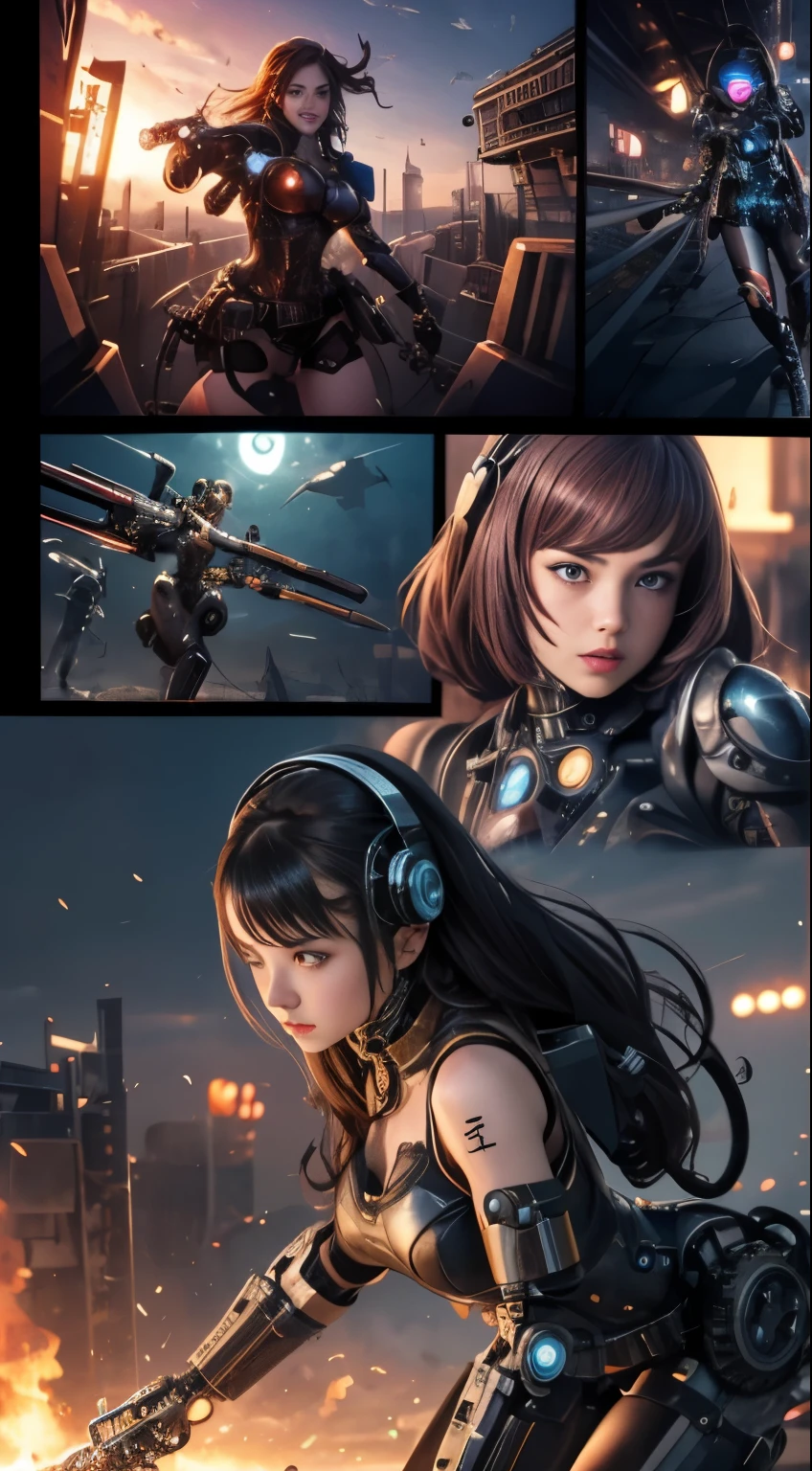 a cute steampunk cyborg girl vs a cute cybernetic futuristic cyborg girl fighting face to face