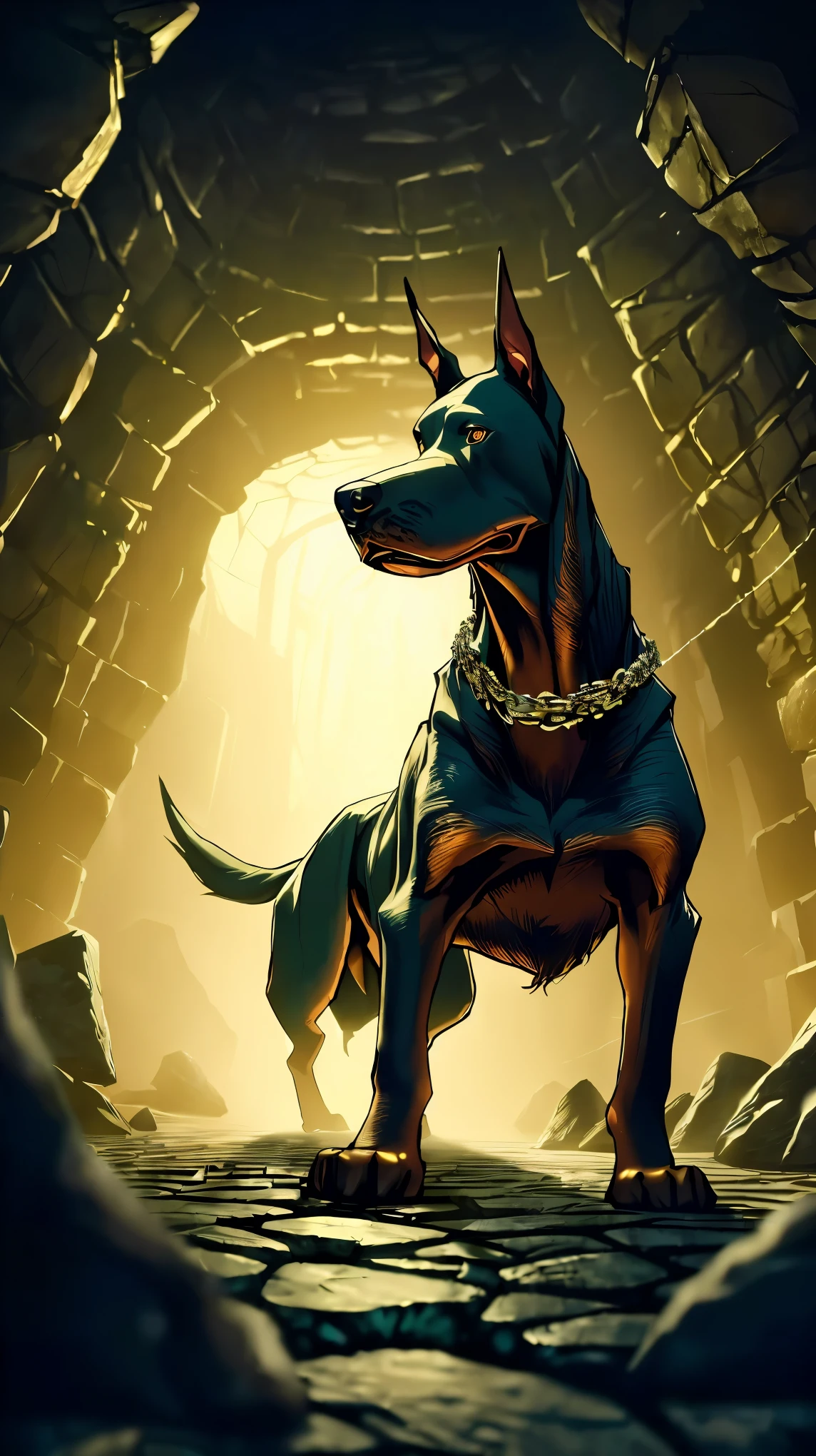 (8K, RAW photo, 最high quality, masterpiece:1.2), cinematic light, RPG design, dark fantasy graphics, like a stray dog, Became violent due to magic, animal monsters, ((attack dog)), dog-like beast, (((Doberman attacking while barking))), fantasy art, I don't draw people, Characters don't:1.2, ((Underground dungeon background, Stone dungeons, labyrinth)), dim lighting, film grain, background bokeh, high quality, surreal, ((very detailed)),